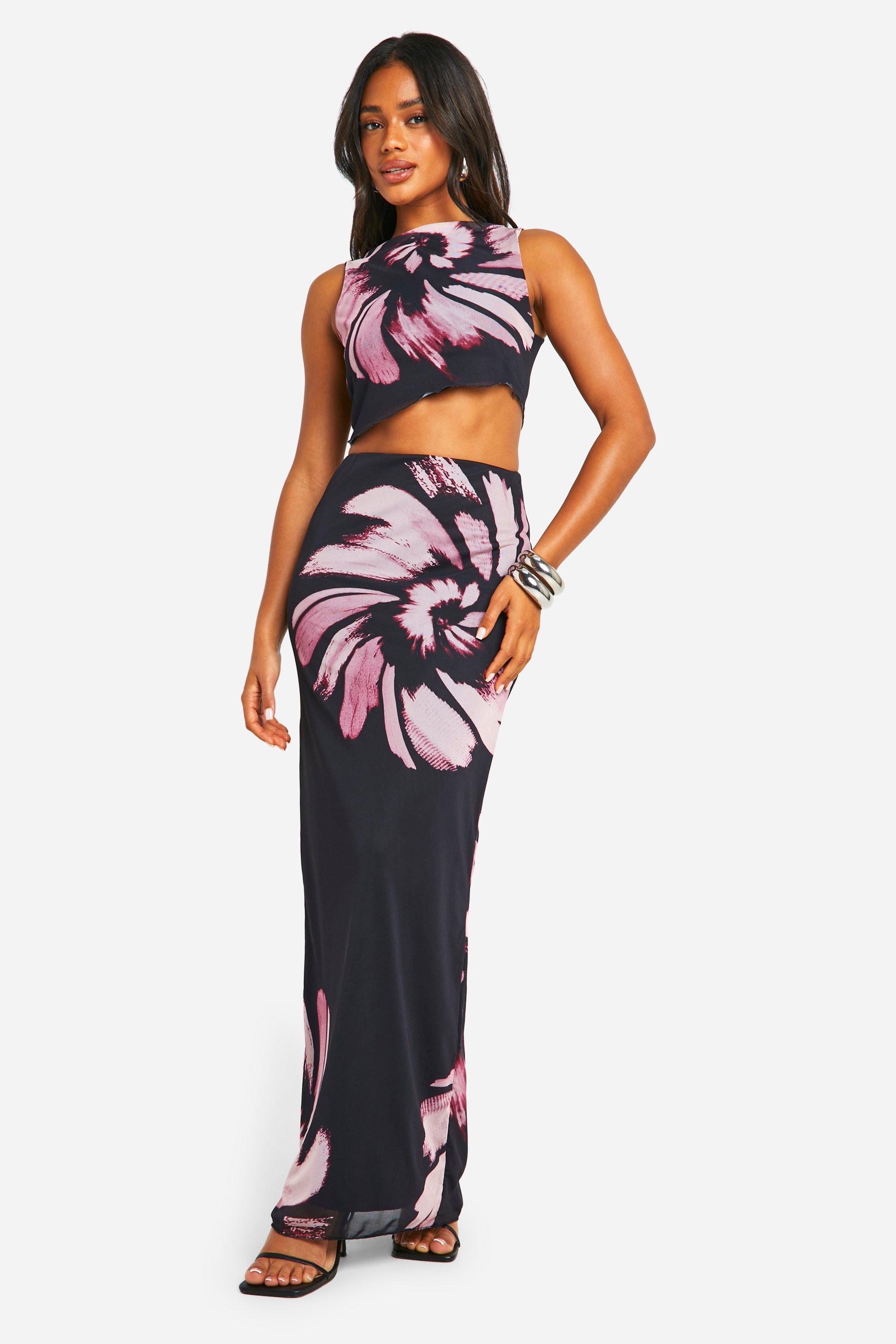 Boohoo Asymmetrische Mesh Maxi Rok Met Print, Black