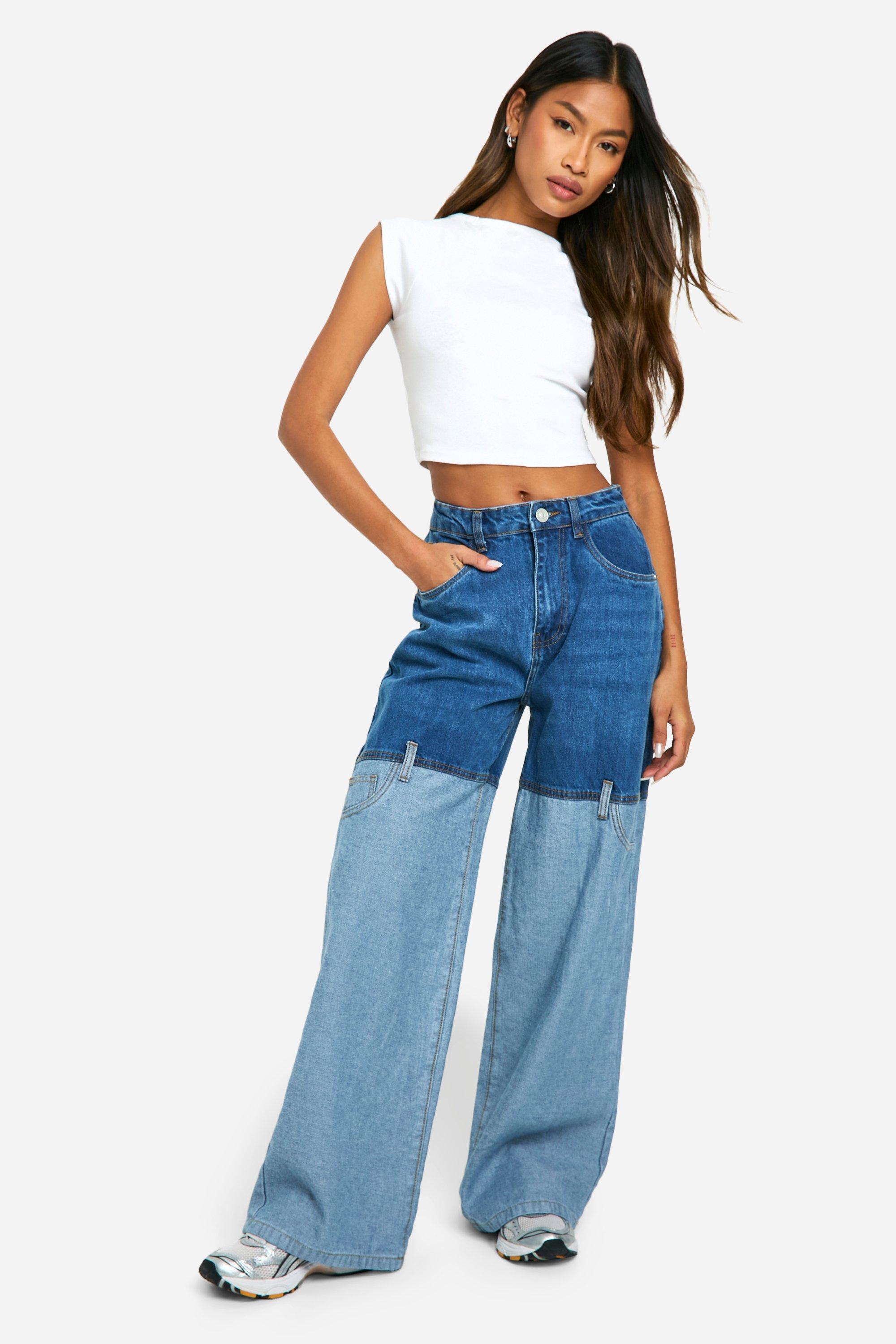 Boohoo Contrasterende Wide Leg Jeans Met Naaddetail, Mid Blue