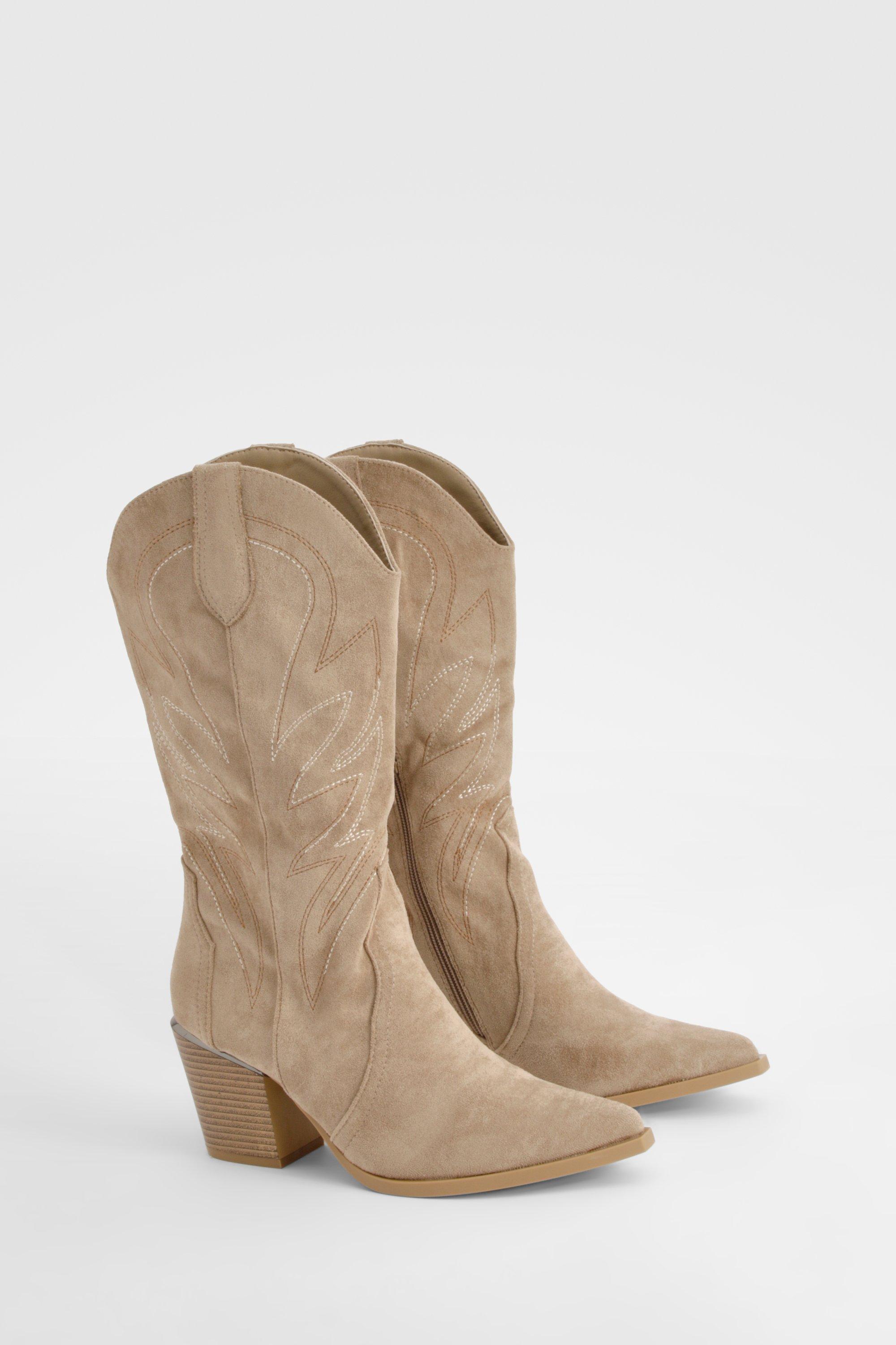 Boohoo Embroidered Knee High Western Boots, Taupe