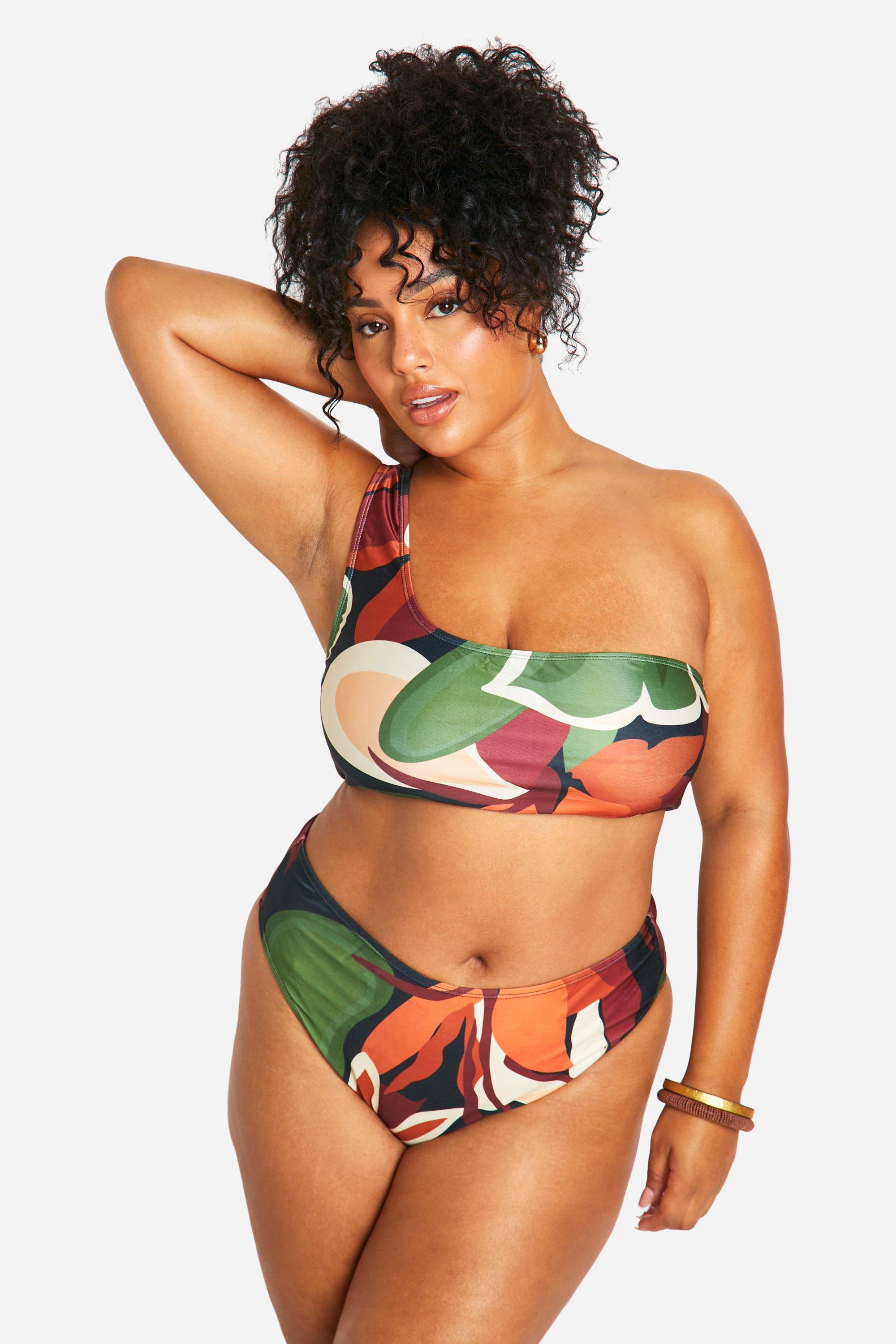 Boohoo Plus Tropische Bikini Met Eén Blote Schouder, Multi