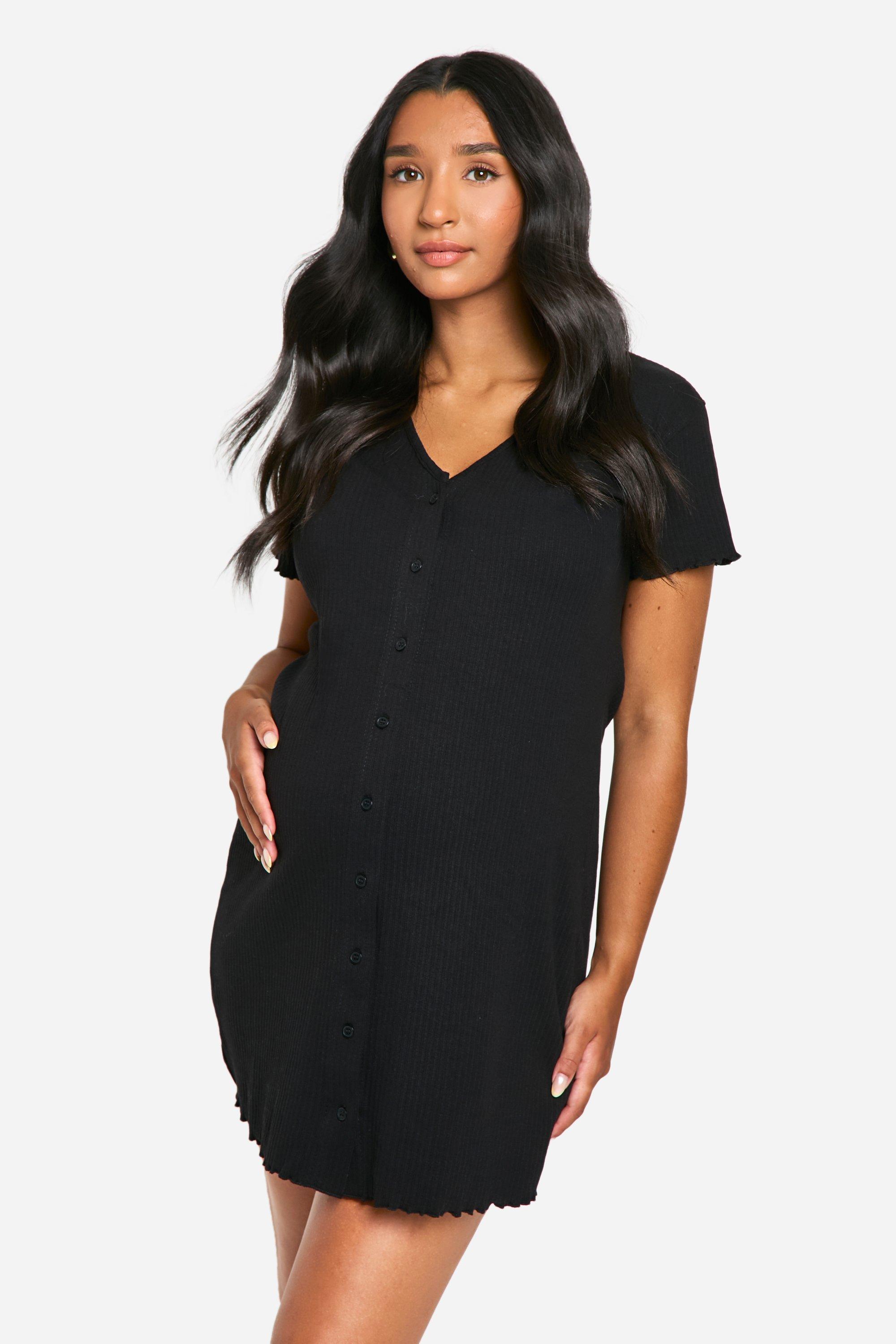 Womens Maternity Ribbed Button Down Nightie - Black - 16, Black