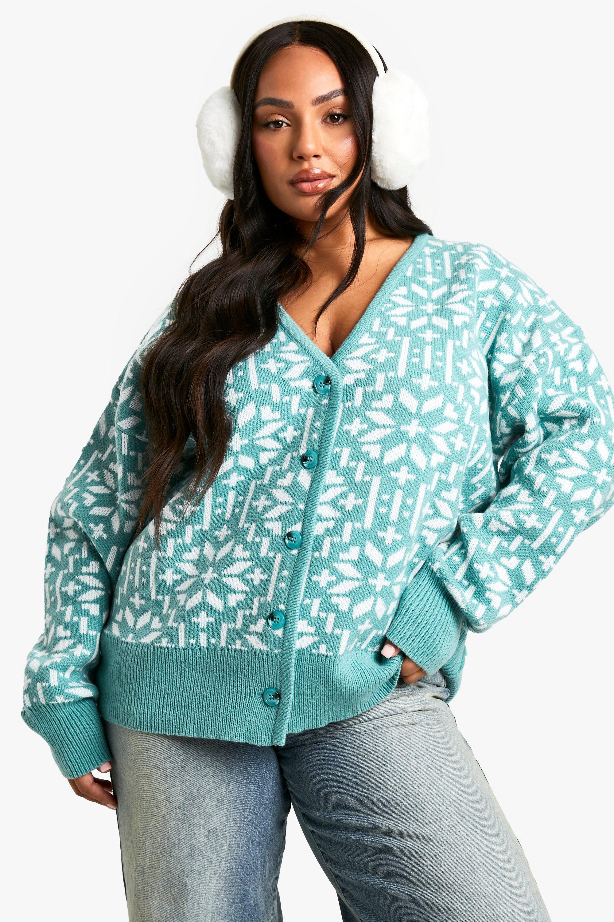 Boohoo Plus Gebreide Premium Gebreide Sneeuwvlokken Cardigan, Green