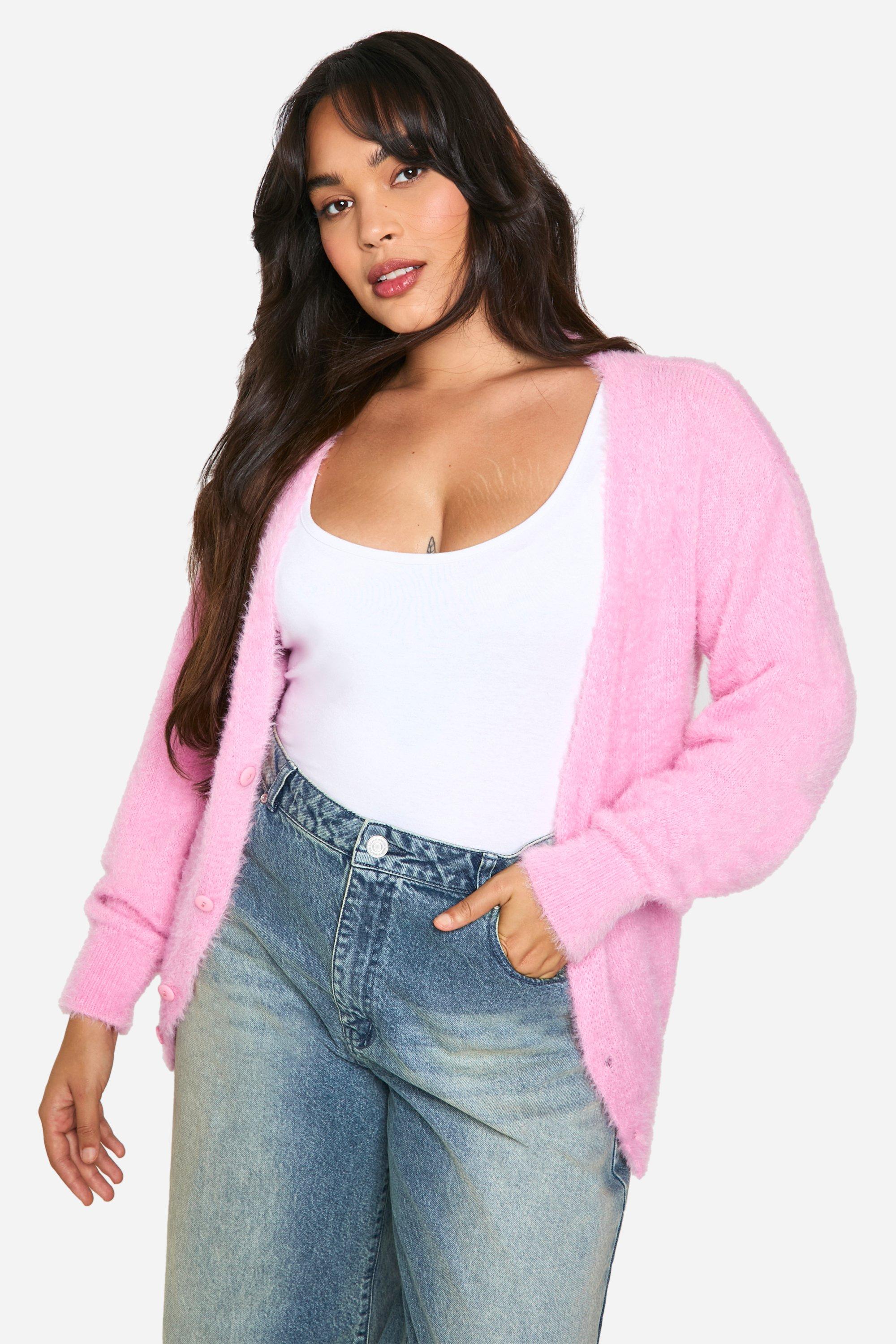 Boohoo Plus Pluizige Gebreide Baggy Cardigan Met V-Hals, Baby Pink