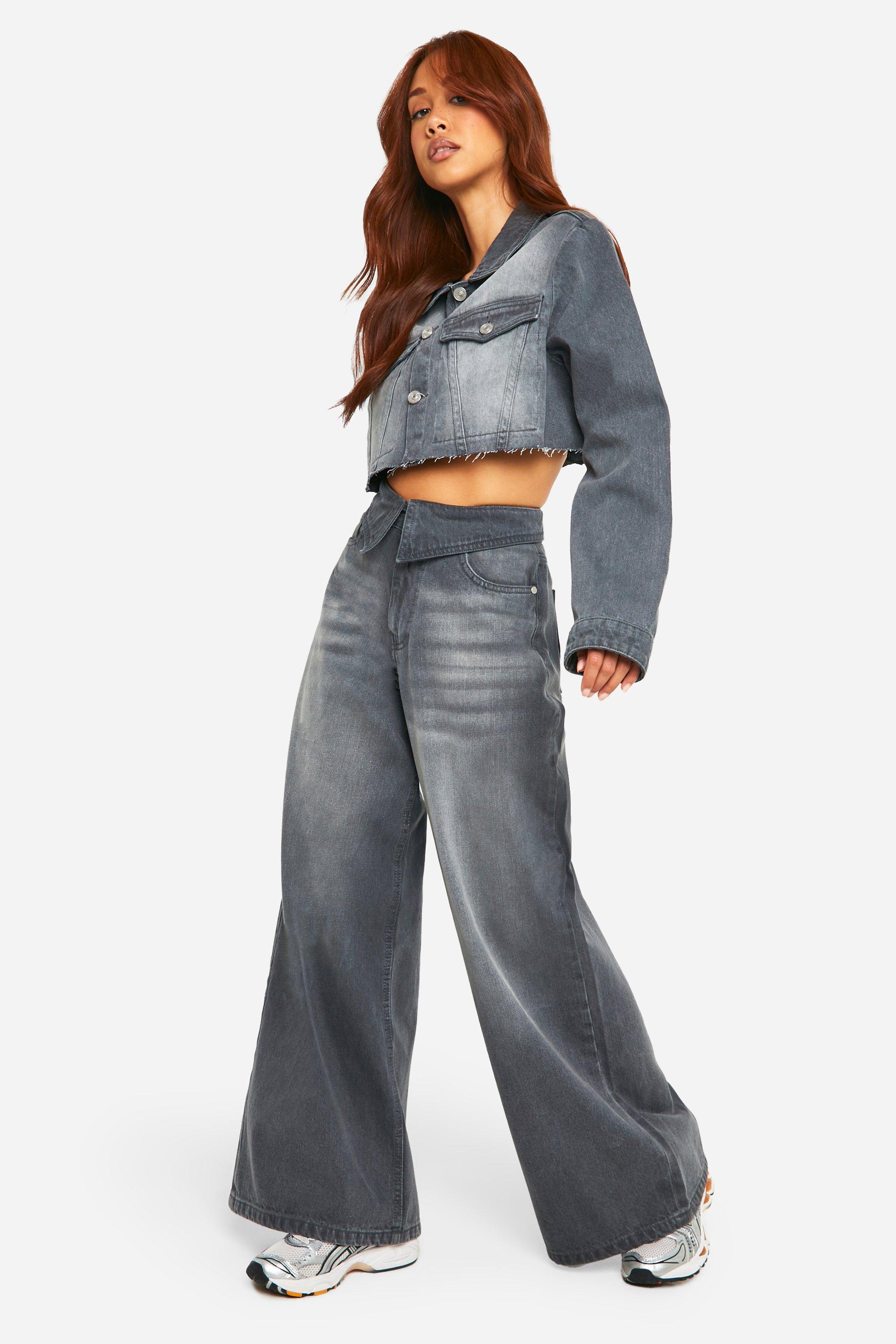 Boohoo Gebleekte Grijze Wide Leg Jeans Met Tailleband En Vouw, Grey