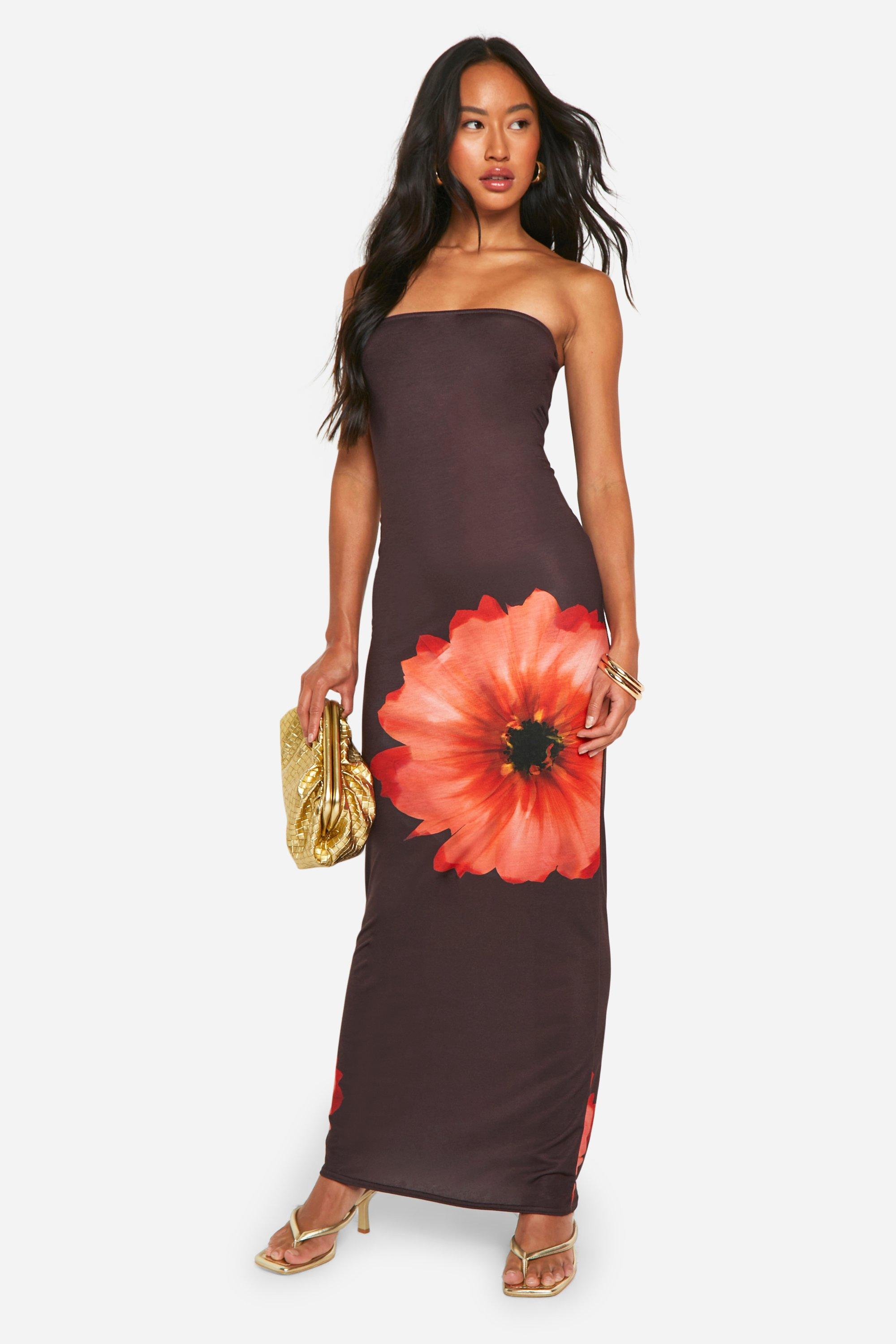 Womens Floral Bandeau Maxi Dress - Black - 14, Black