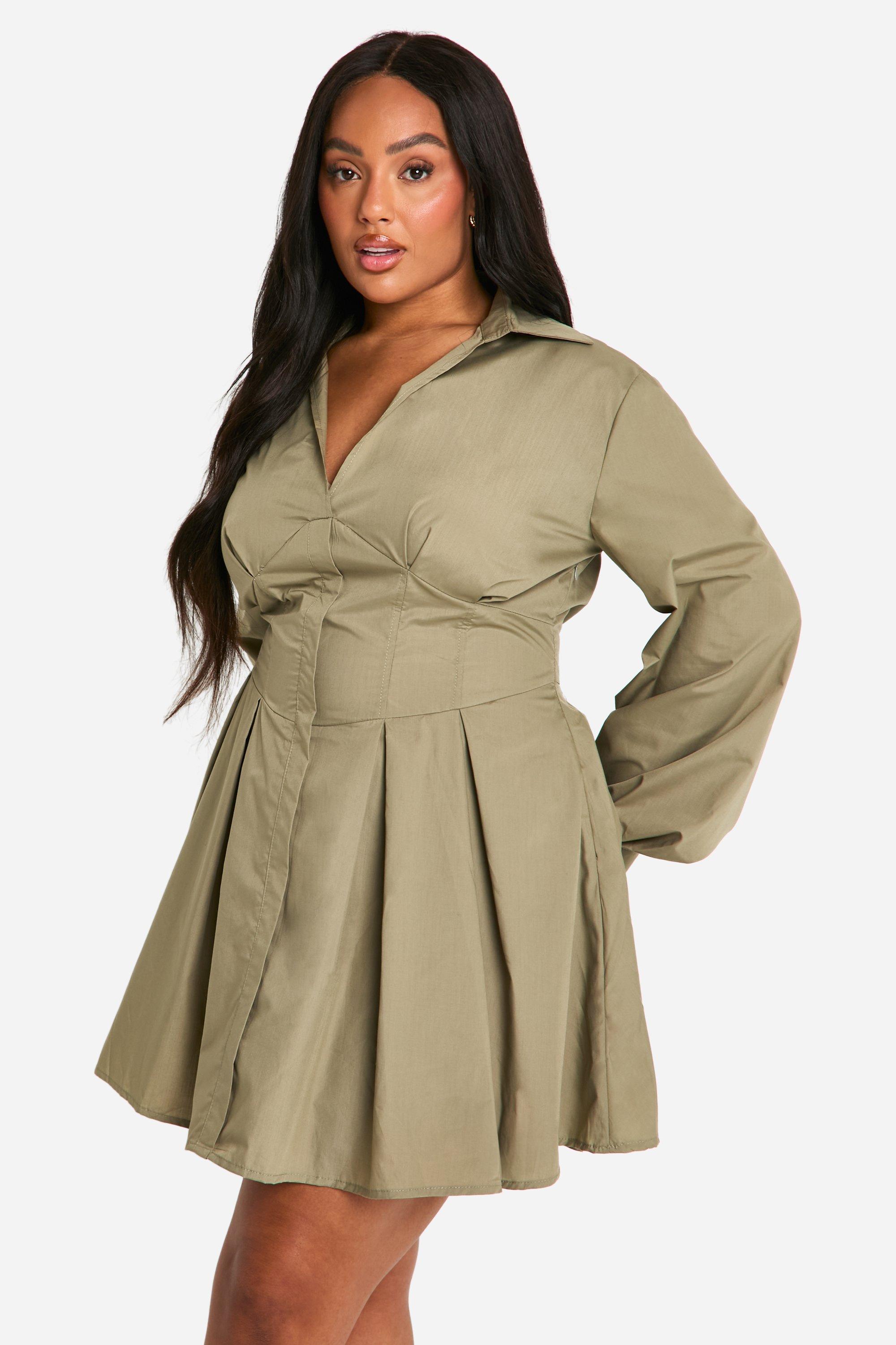 Boohoo Plus Blouse Jurk Met Korset Detail, Khaki