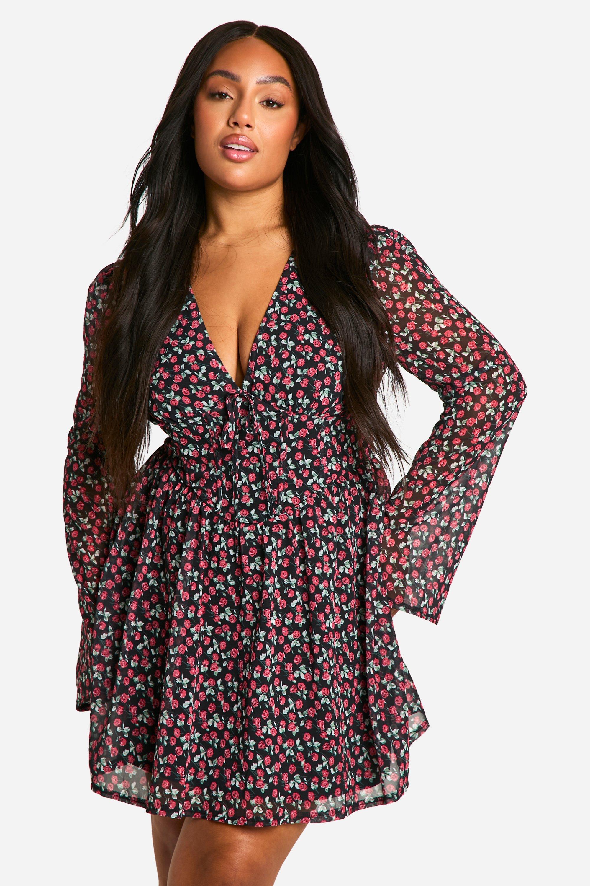 Image of Vestito Skater Plus Size stile Milkmaid a fiori, Nero