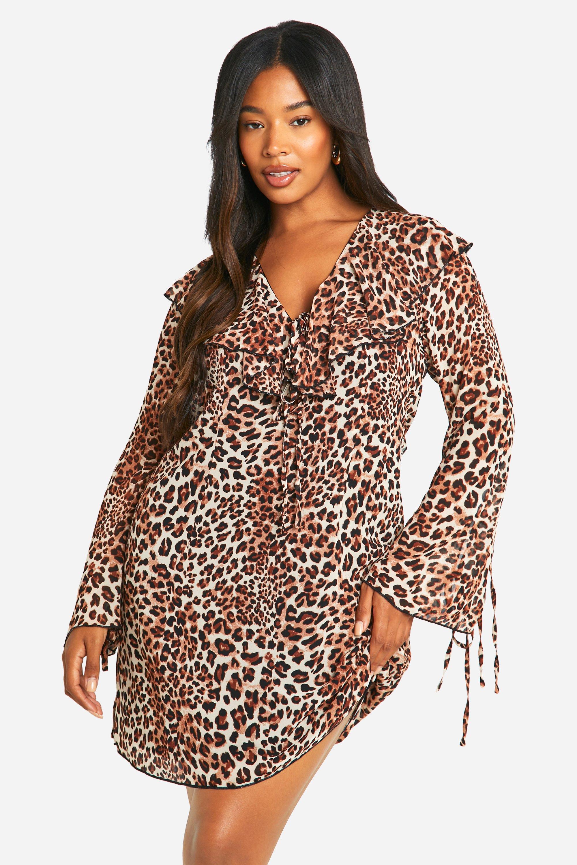 Image of Vestito a trapezio Plus Size leopardato con arricciature, Multi