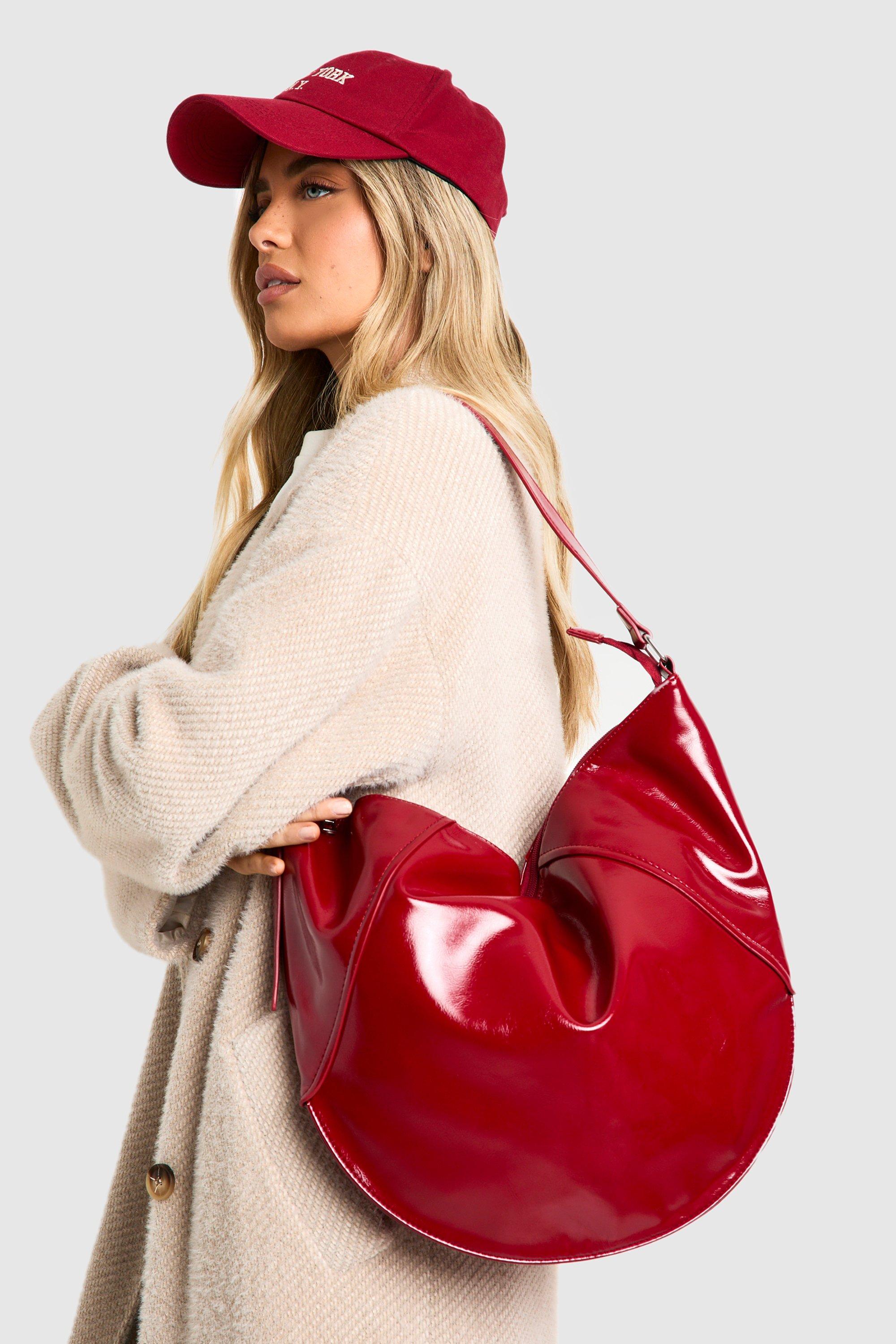 Womens Vinyl Oversized Round Shoulder Bag - Red - One Size, Red