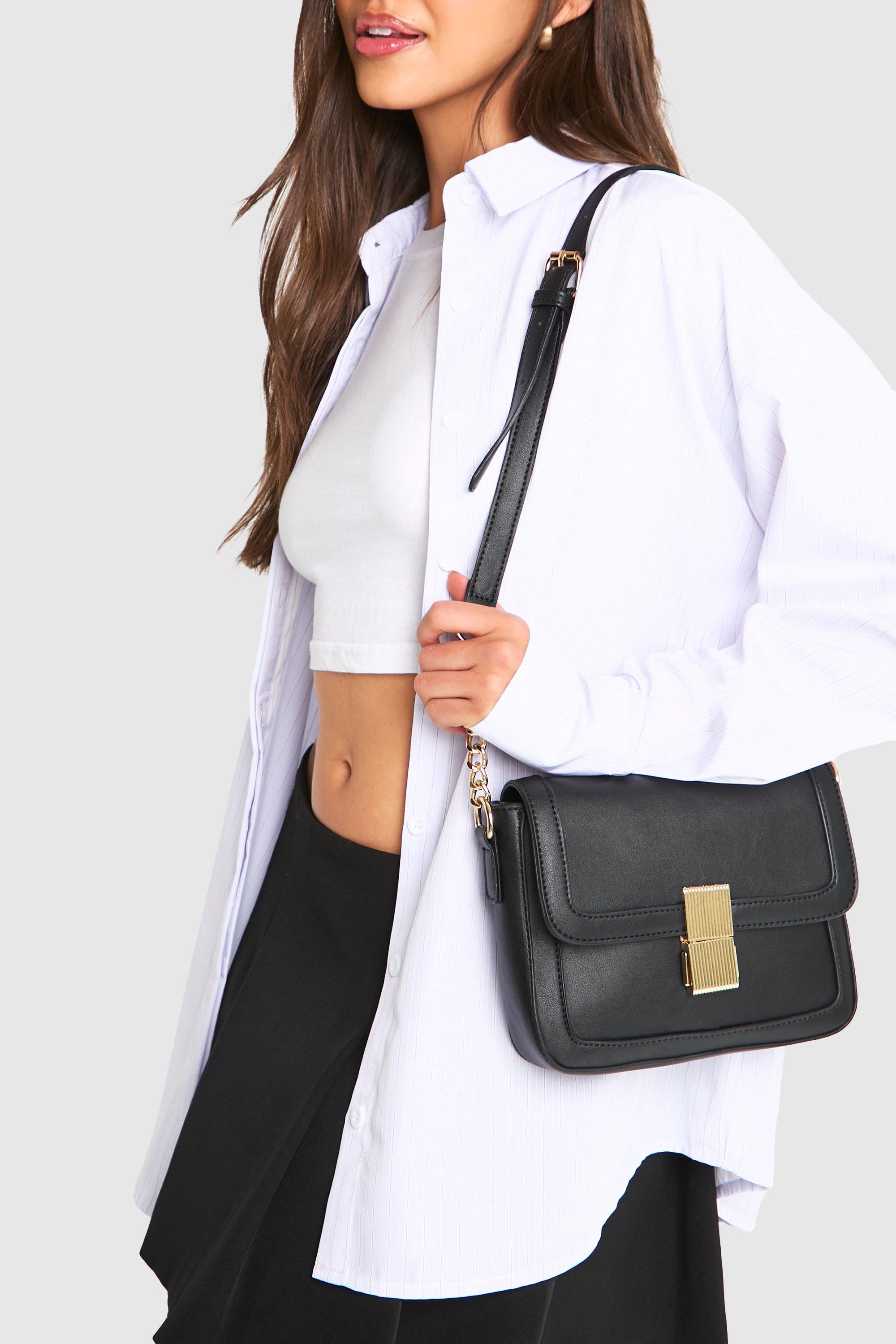 Womens Leather Look Buckle Crossbody Bag - Black - One Size, Black