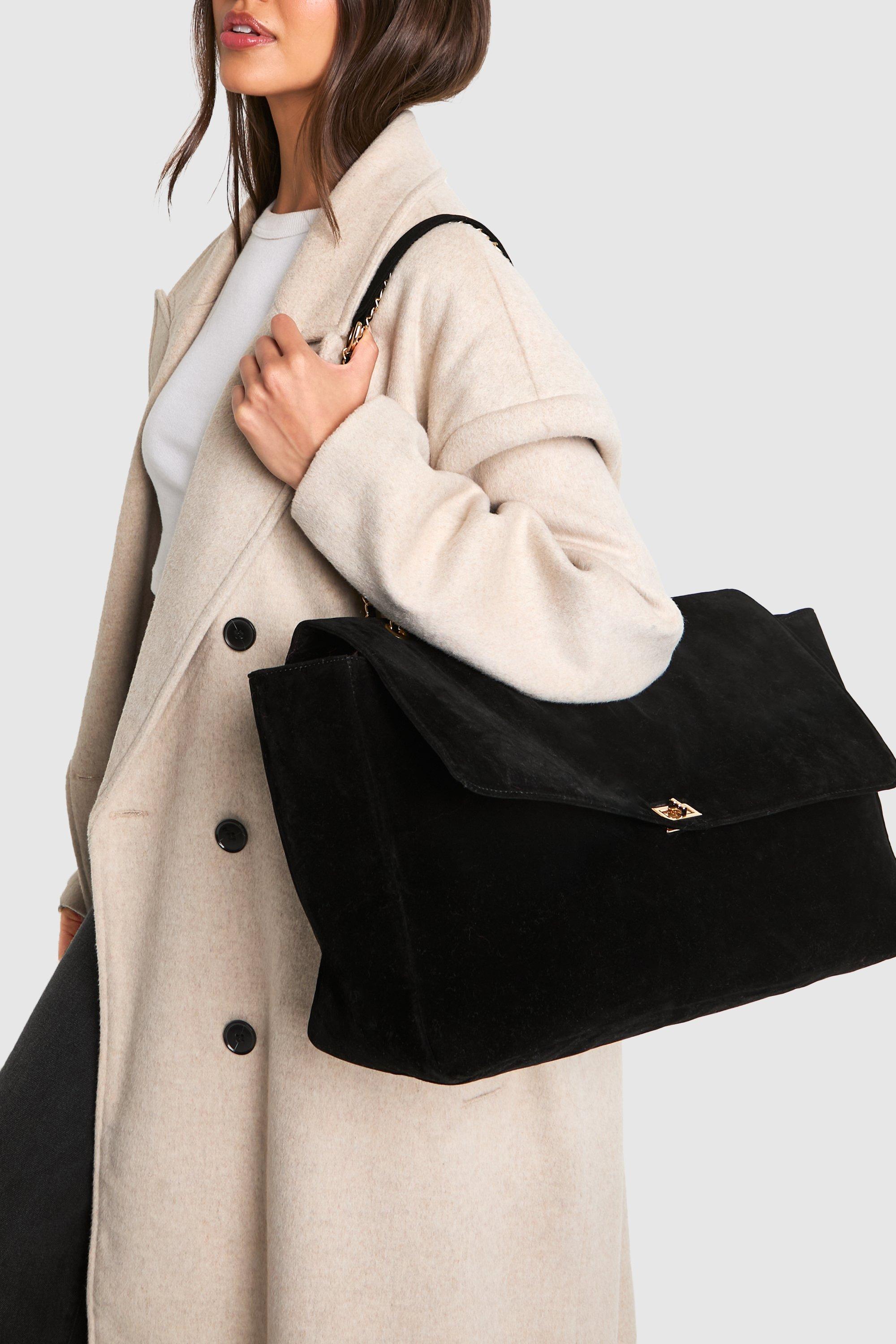 Image of Borsa a spalla oversize in scamosciato sintetico, Nero