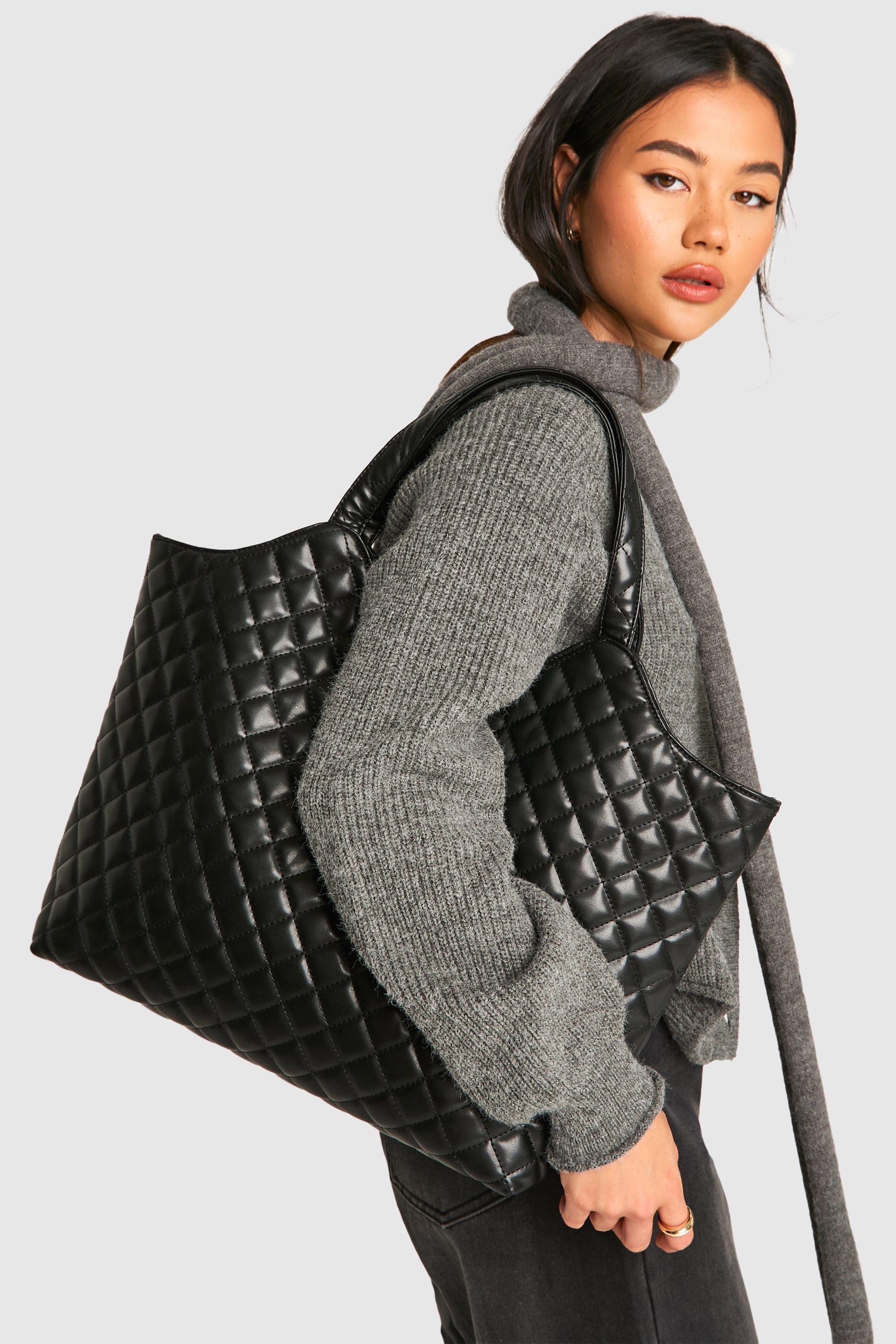 Womens Quilted Leather Look Shopper Tote Bag - Black - One Size, Black