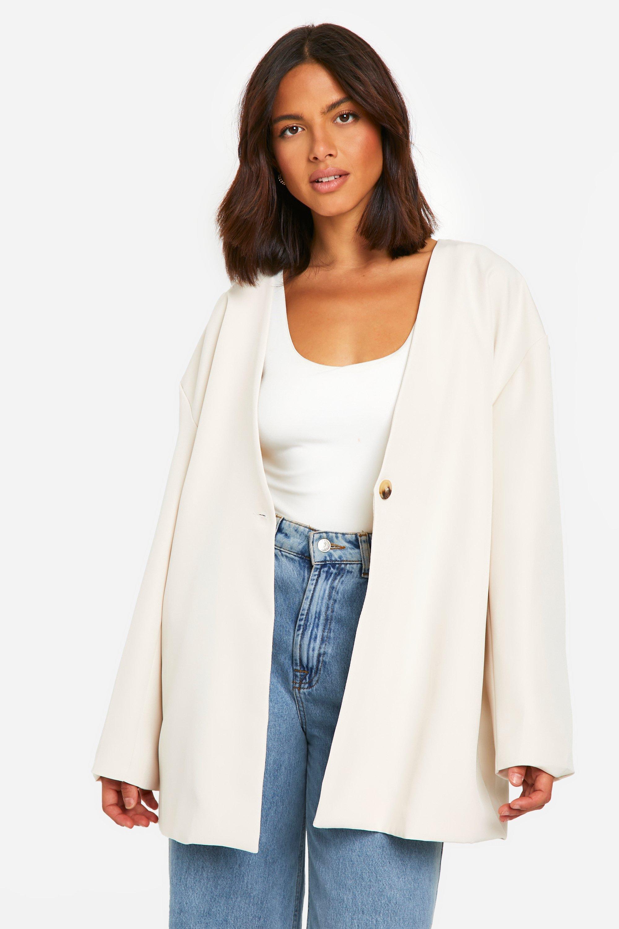 Boohoo Oversized Kraagloze Long Line Blazer, Ecru