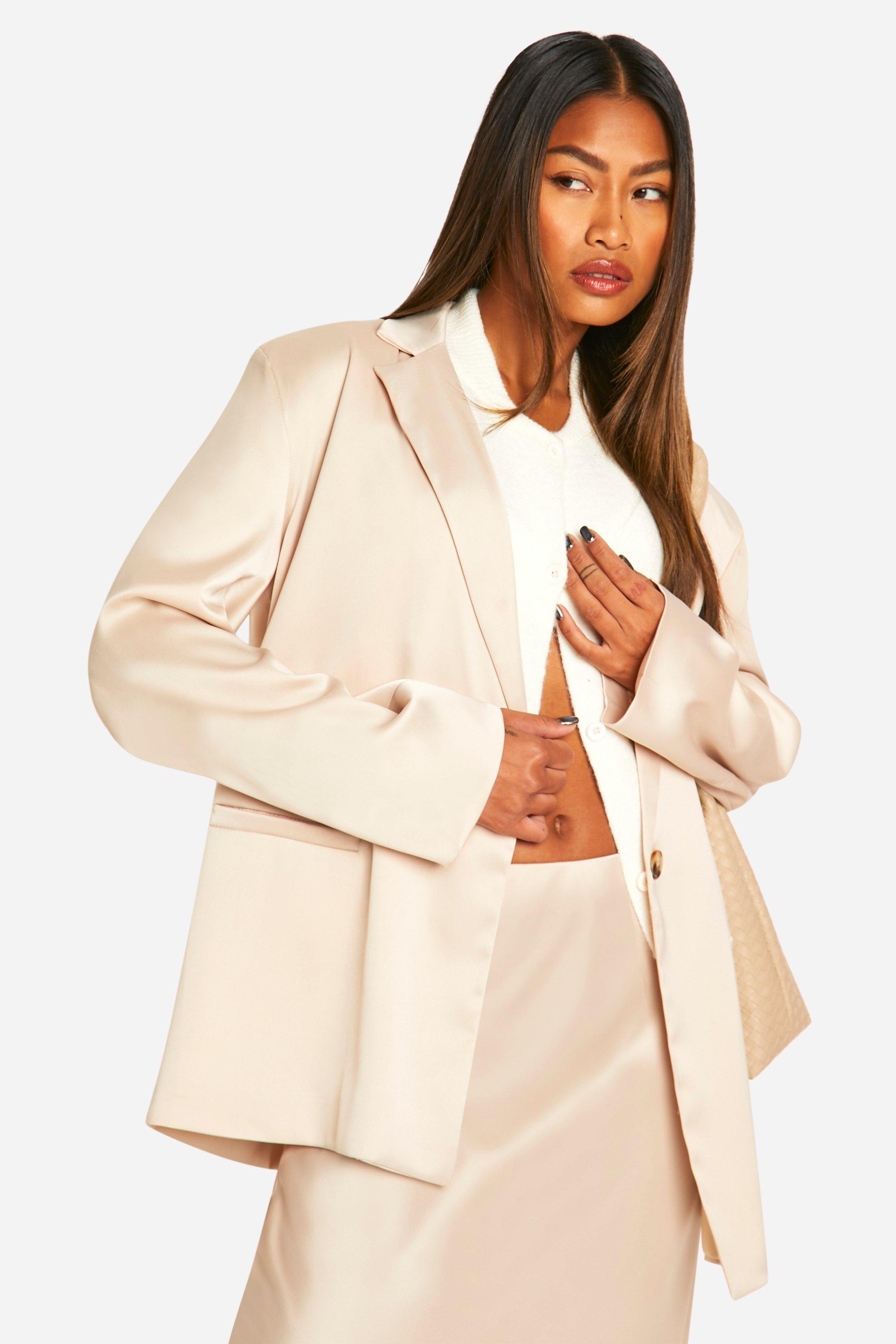 Boohoo Oversized Satijnen Premium Fluid Blazer, Ecru