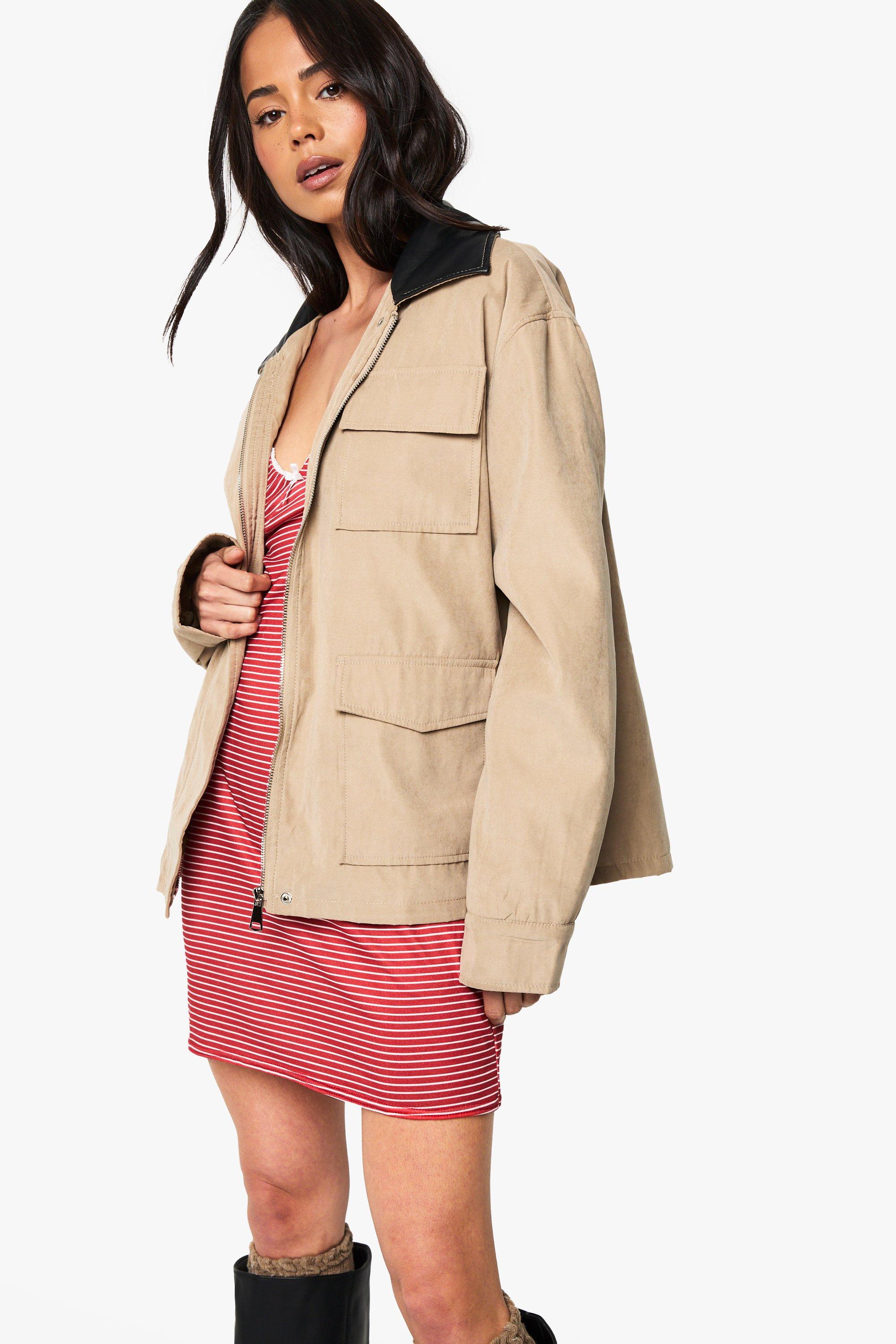 Image of Giacca oversize a effetto vellutato con colletto a contrasto, Beige