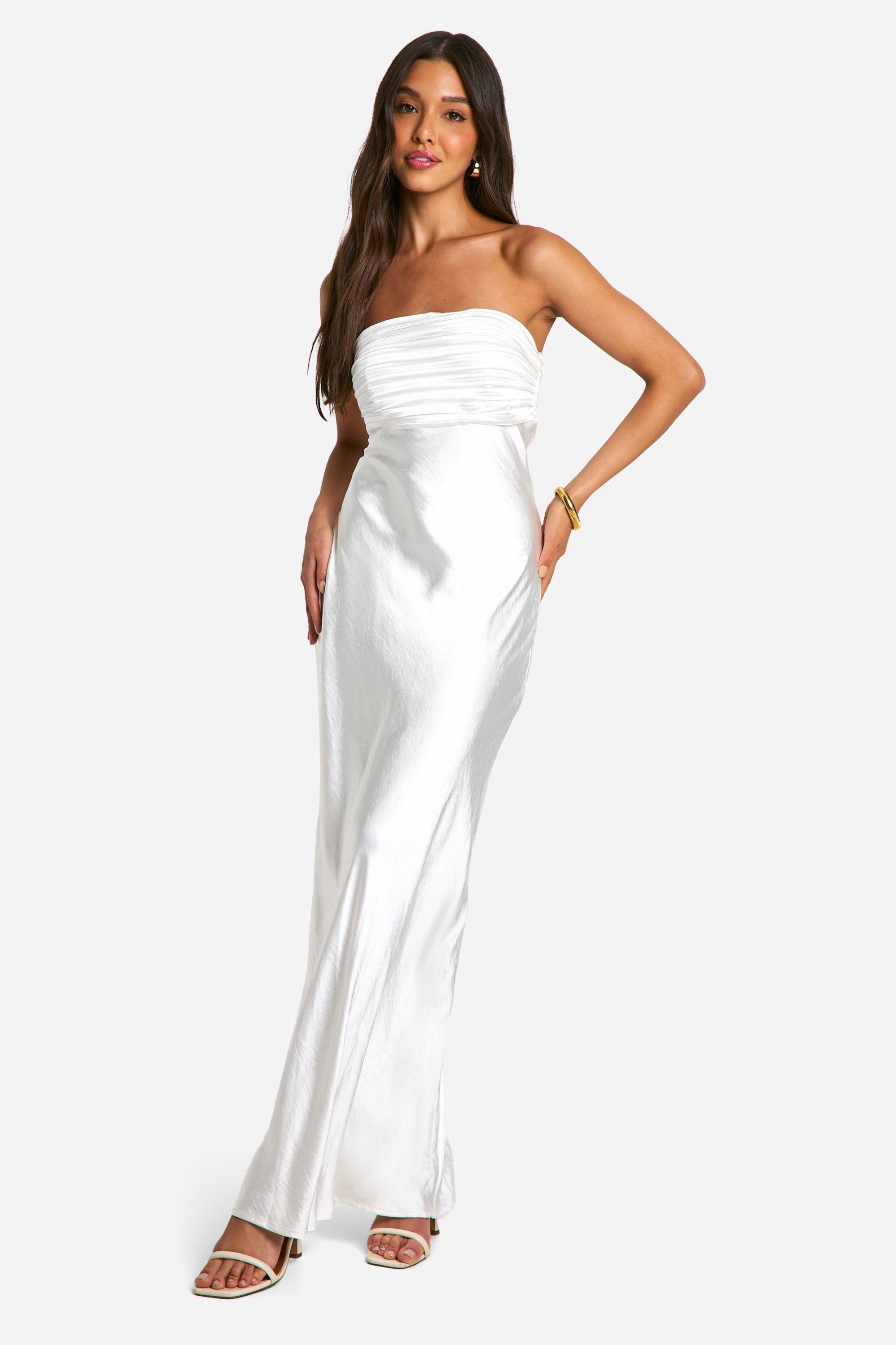 Womens Satin Pleated Bandeau Maxi Dress - White - 10, White