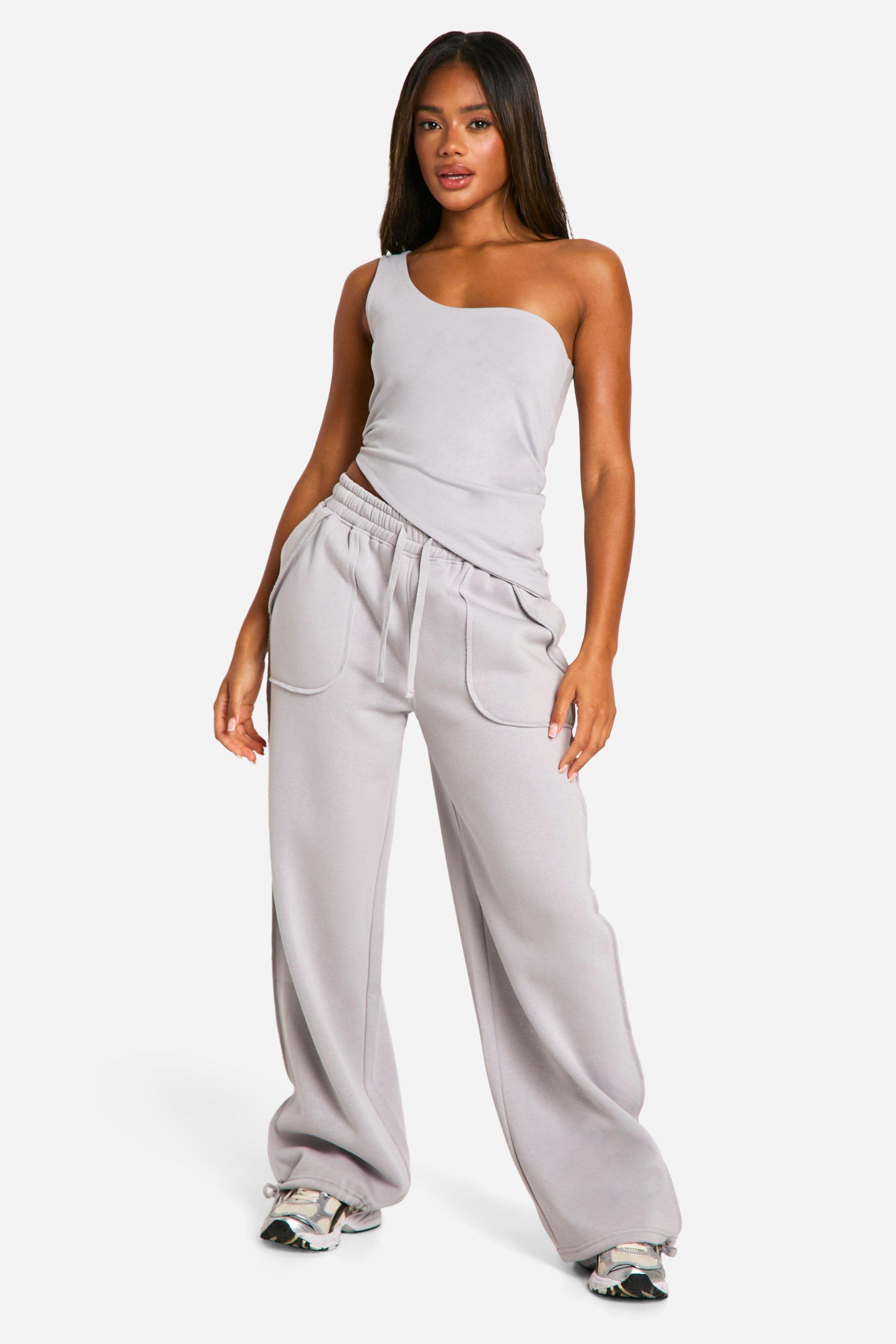 Womens Double Layer Asymmetric Top And Pocket Detail Straight Leg Jogger Set - Grey - S, Grey