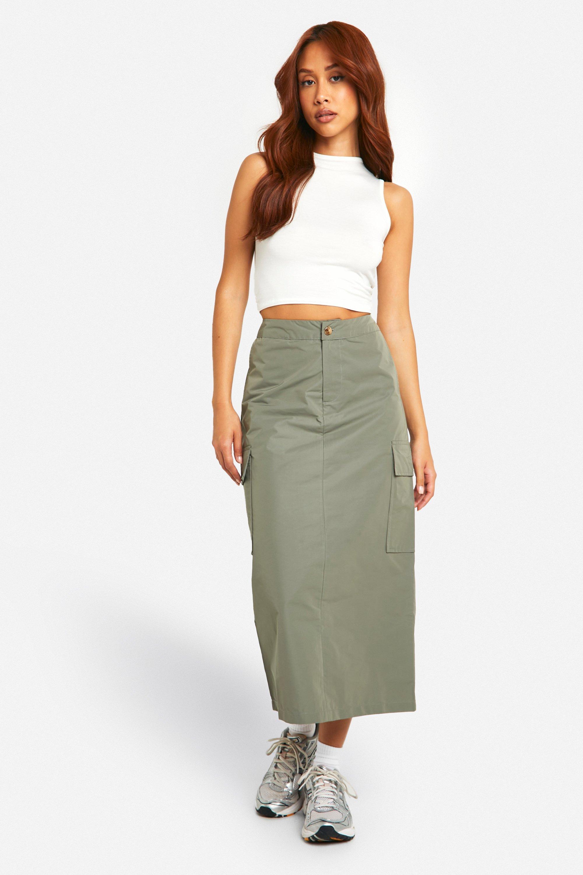 Boohoo Nylon Cargo Midaxi Rok, Khaki