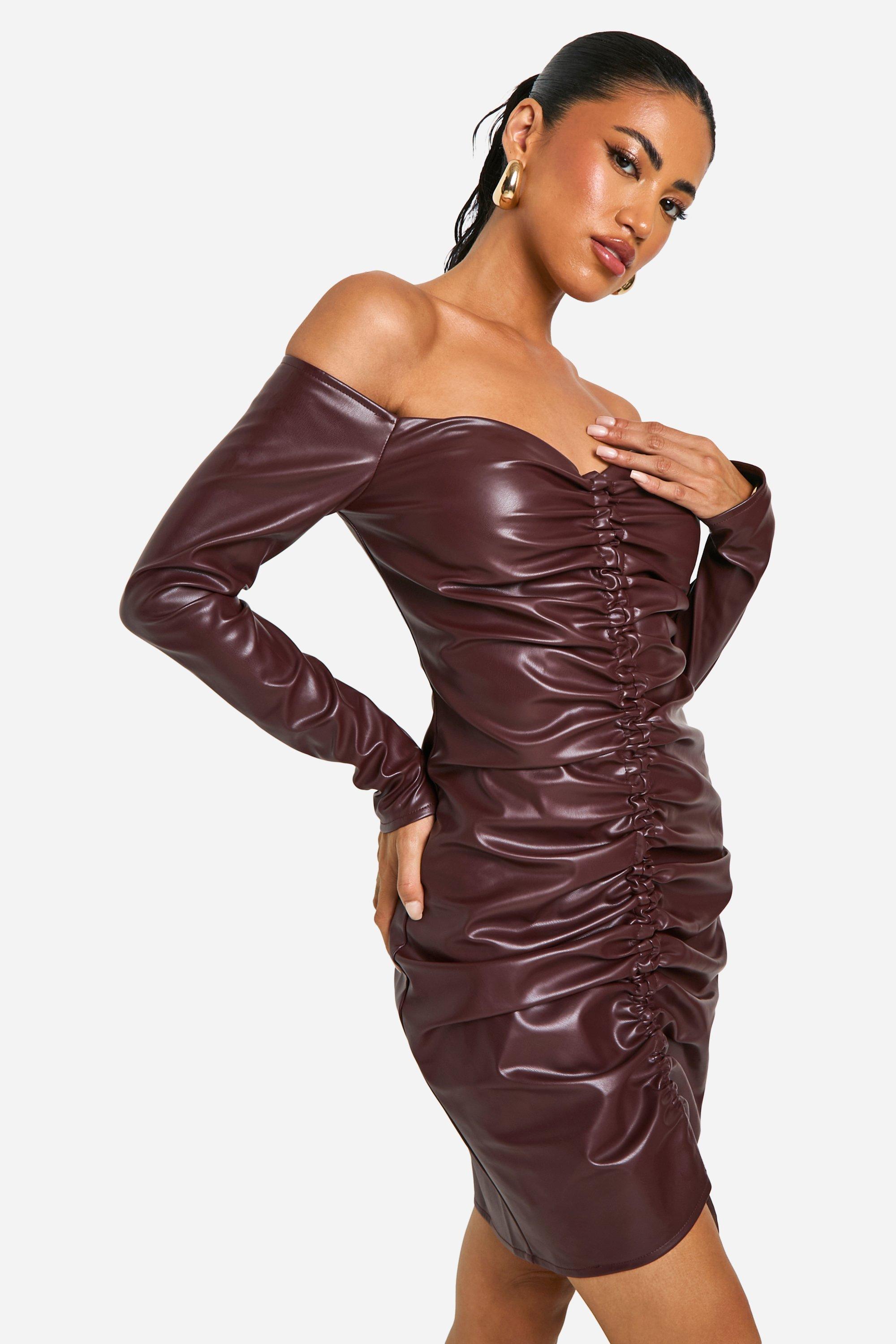 Boohoo Geplooide Nepleren Mini Jurk, Chocolate