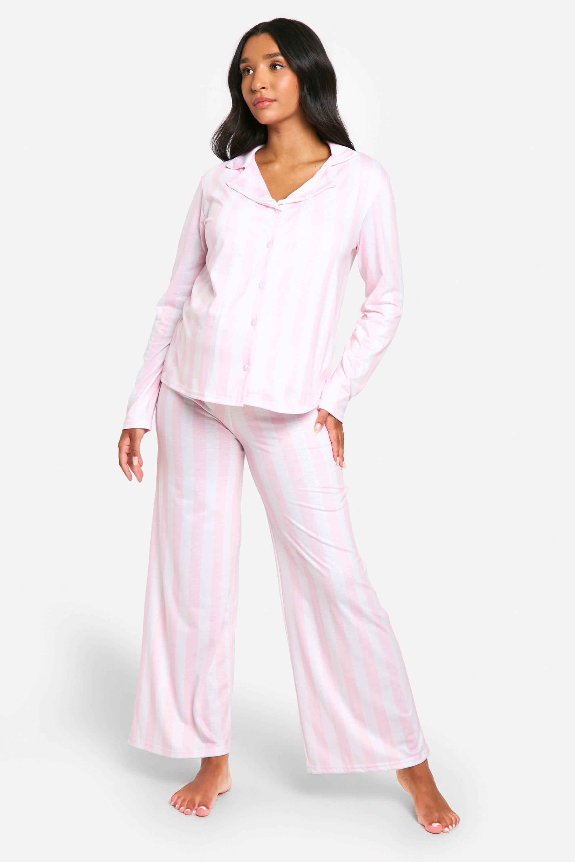 Womens Maternity Stripe Shirt And Trouser Pyjama Set - Pink - 12, Pink