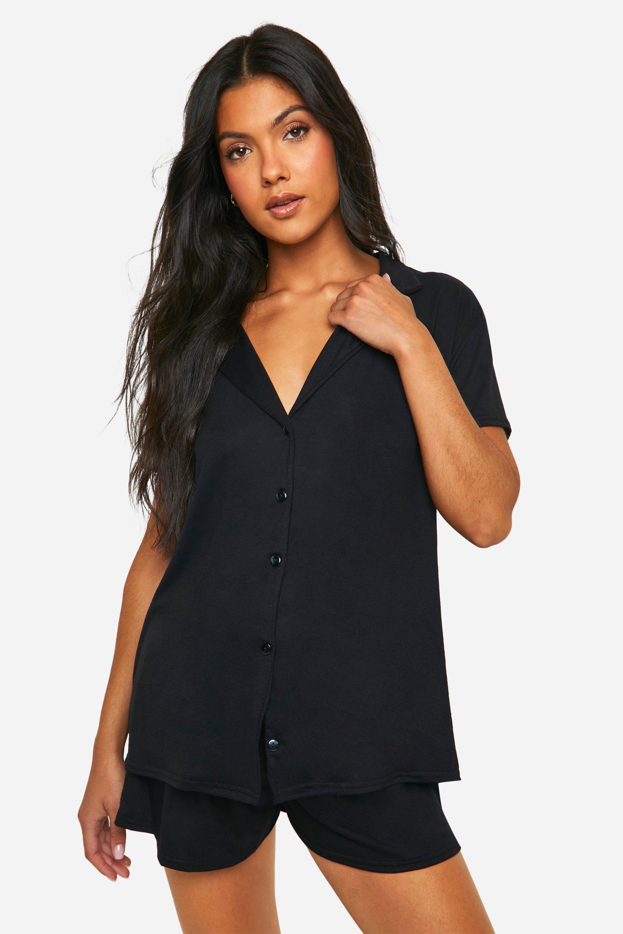 Womens Maternity Peached Button Down Shirt And Short Pj Set - Black - 12, Black