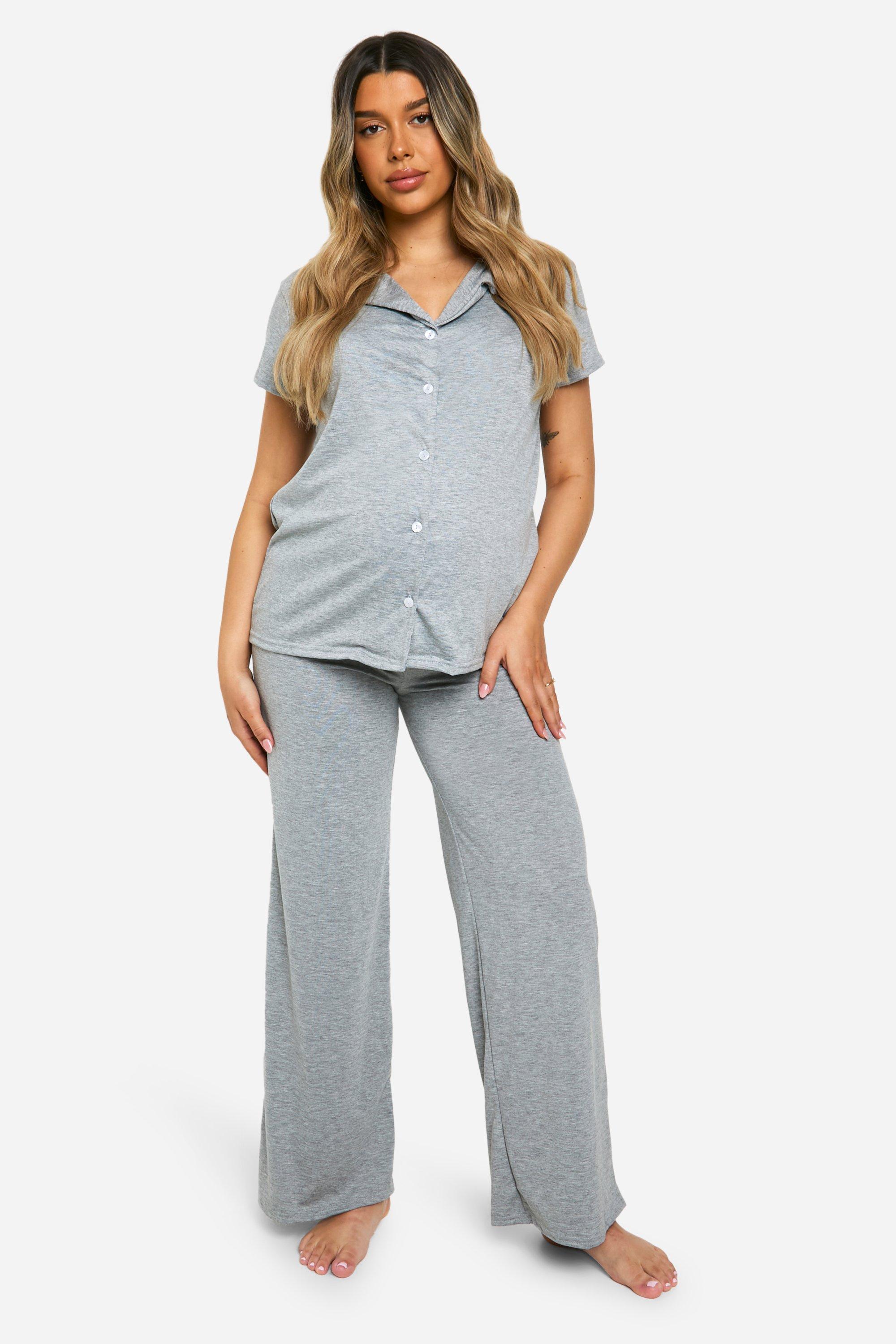 Womens Maternity Peached Button Down Short Sleeve Shirt & Trouser Pj Set - Grey - 16, Grey