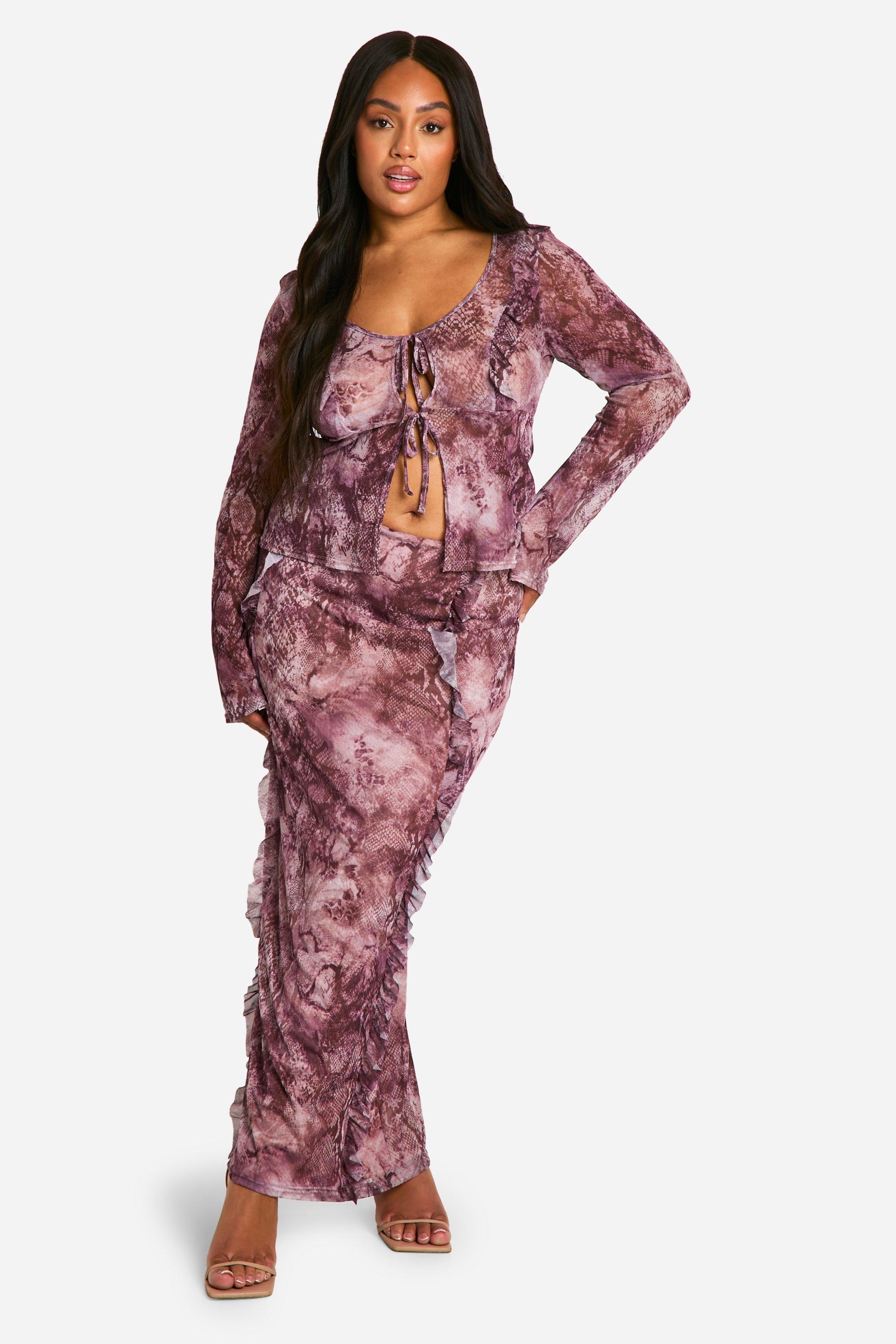 Womens Plus Snake Print Mesh Ruffle Top & Maxi Skirt Co Ord - Red - 20, Red