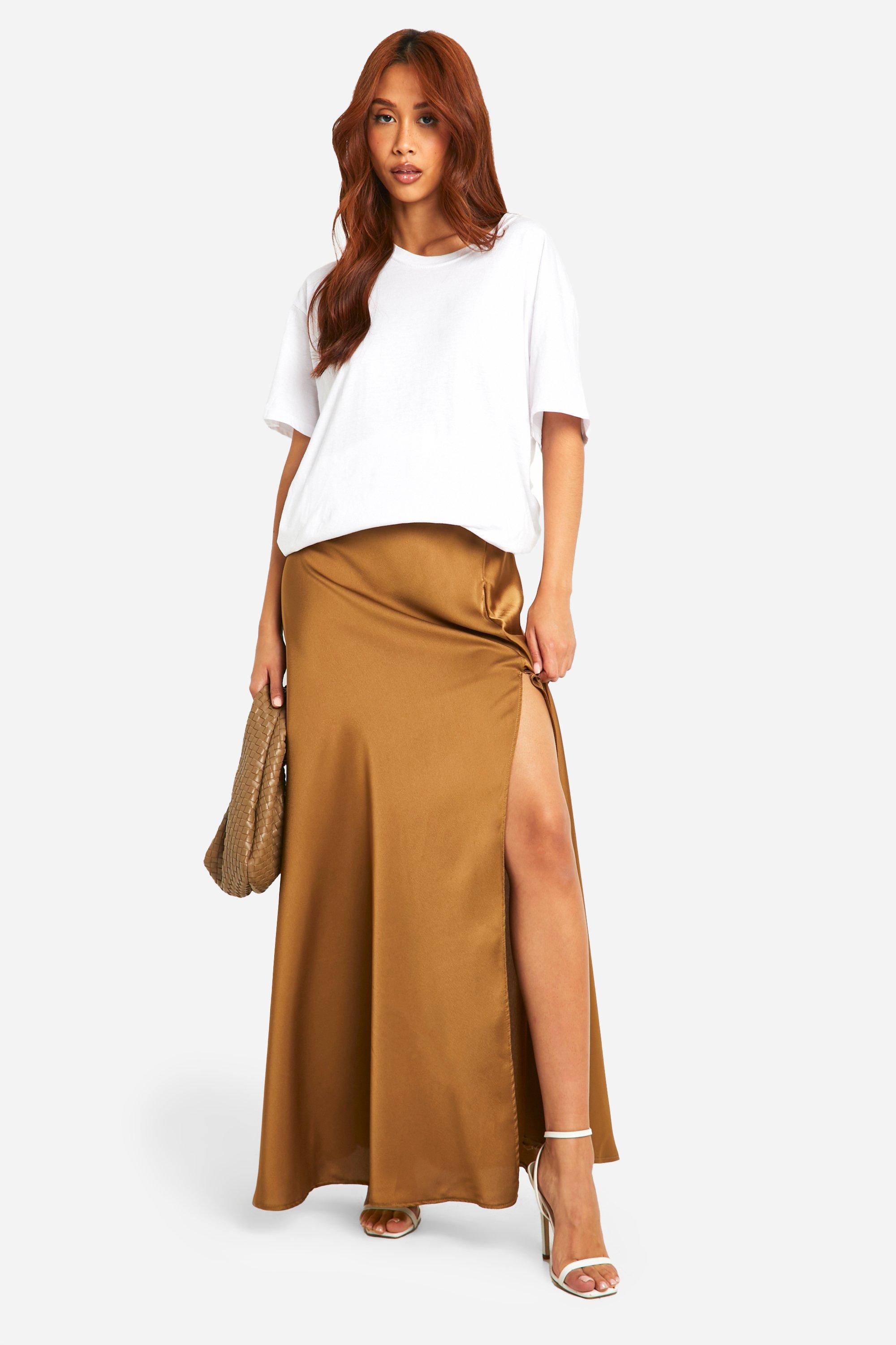 Boohoo Satijnen Maxi Rok Met Extreem Split En Ceintuur, Chocolate