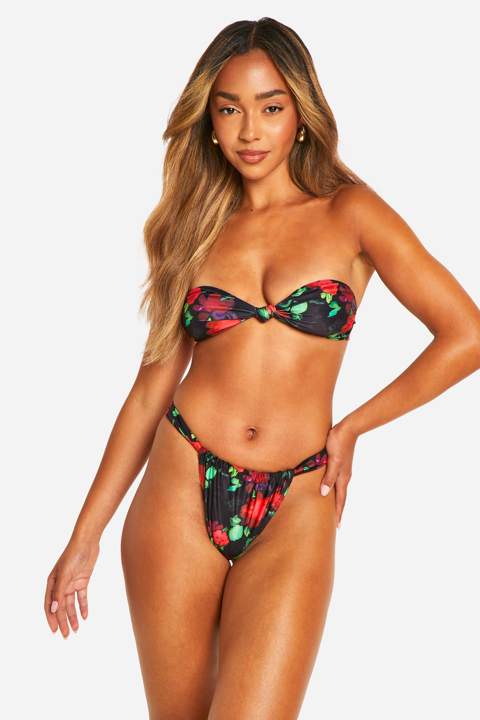 Boohoo Geknoopte Bandeau Bloemen Bikini, Black