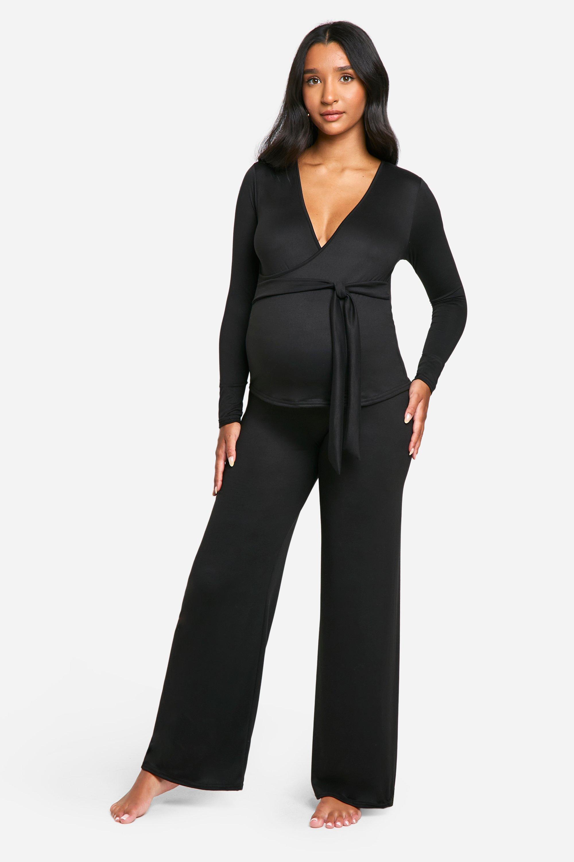 Womens Maternity Super Soft Wrap Belted Top Lounge Set - Black - 14, Black