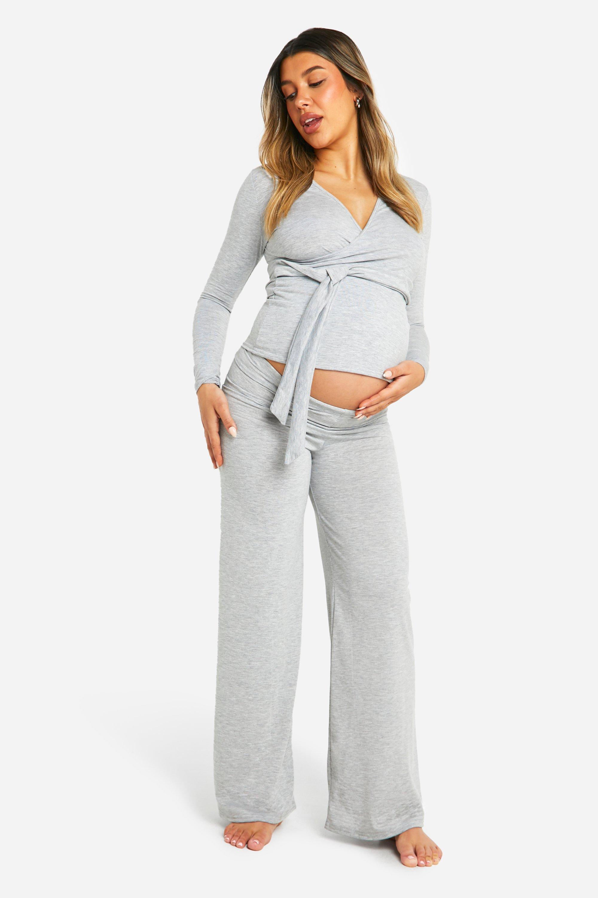 Womens Maternity Super Soft Wrap Belted Top Lounge Set - Grey - 16, Grey