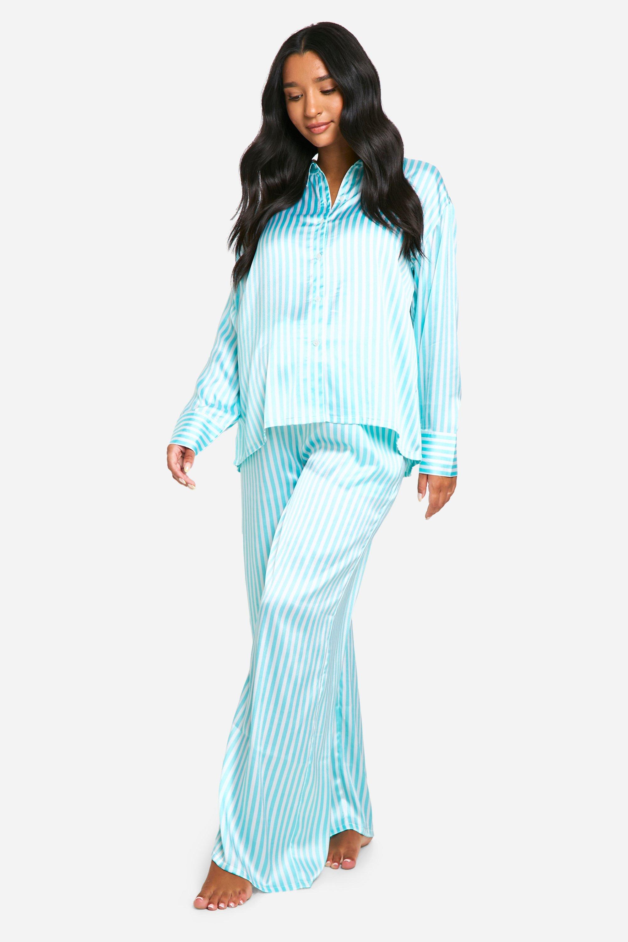 Womens Maternity Green Stripe Button Up Satin Pj Set - 14, Green