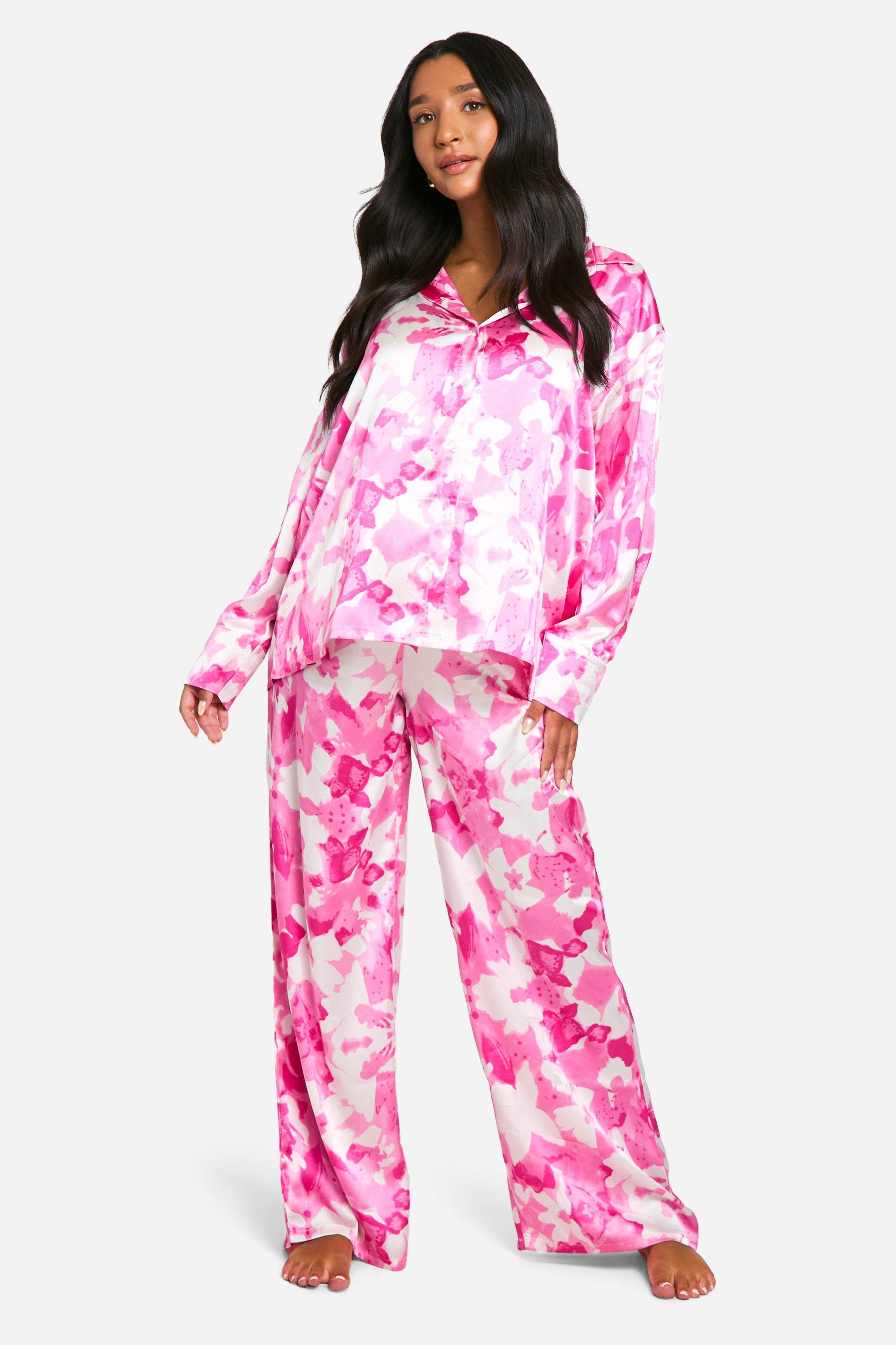 Womens Maternity Floral Print Satin Pj Set - Pink - 10, Pink