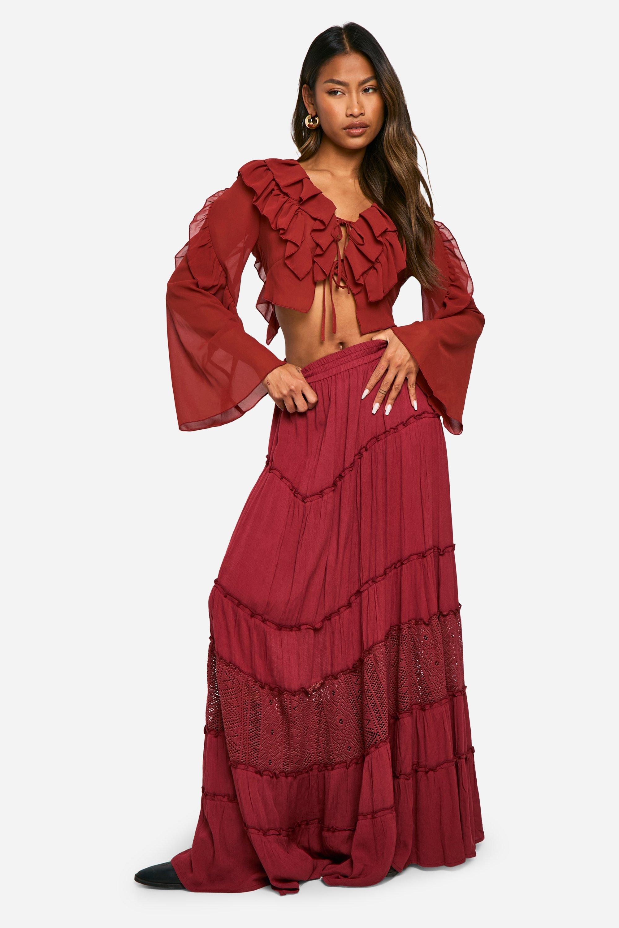 Boohoo Zwierige Folk Maxi Rok Met Kanten Insert, Berry