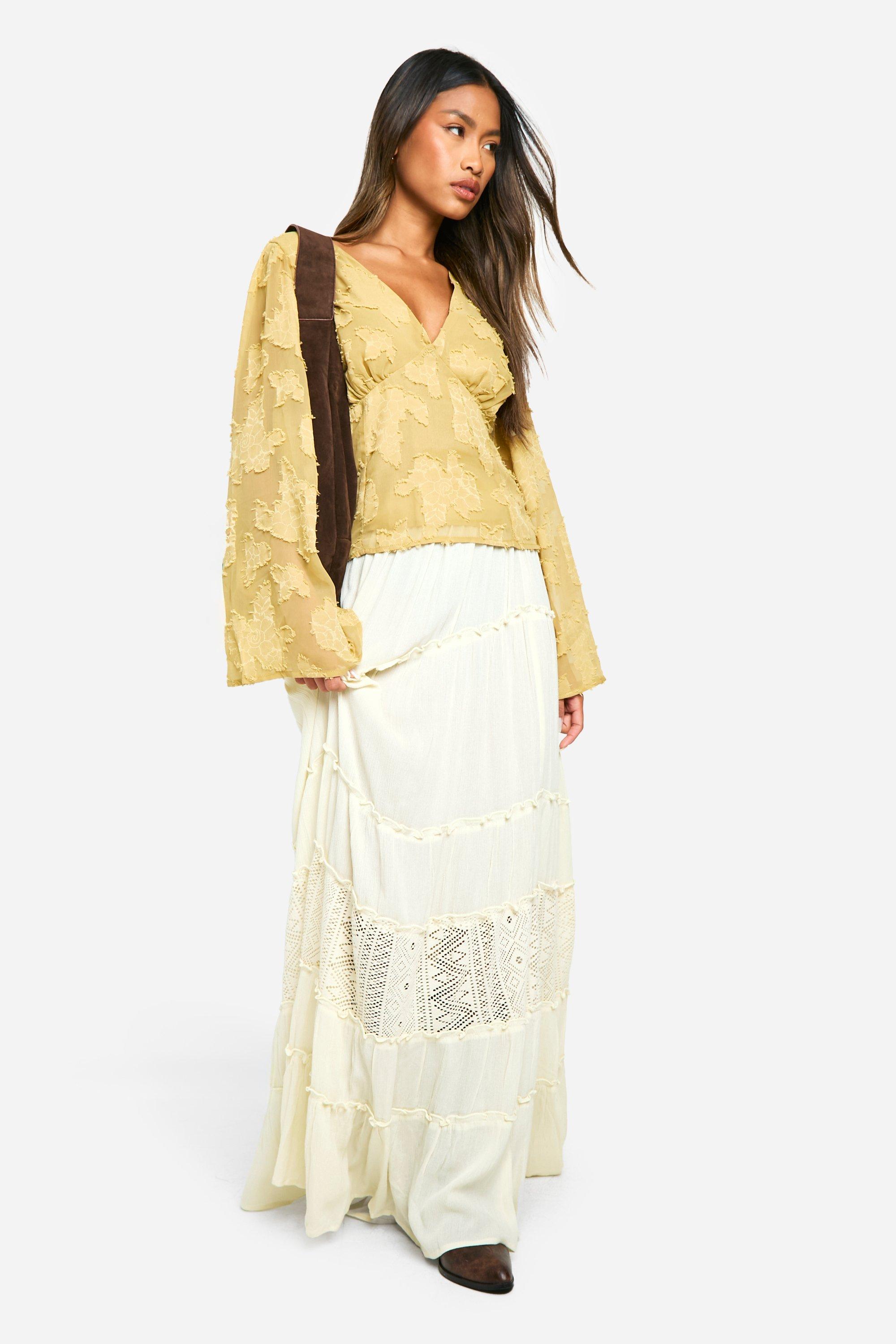 Boohoo Zwierige Folk Maxi Rok Met Kanten Insert, Almond