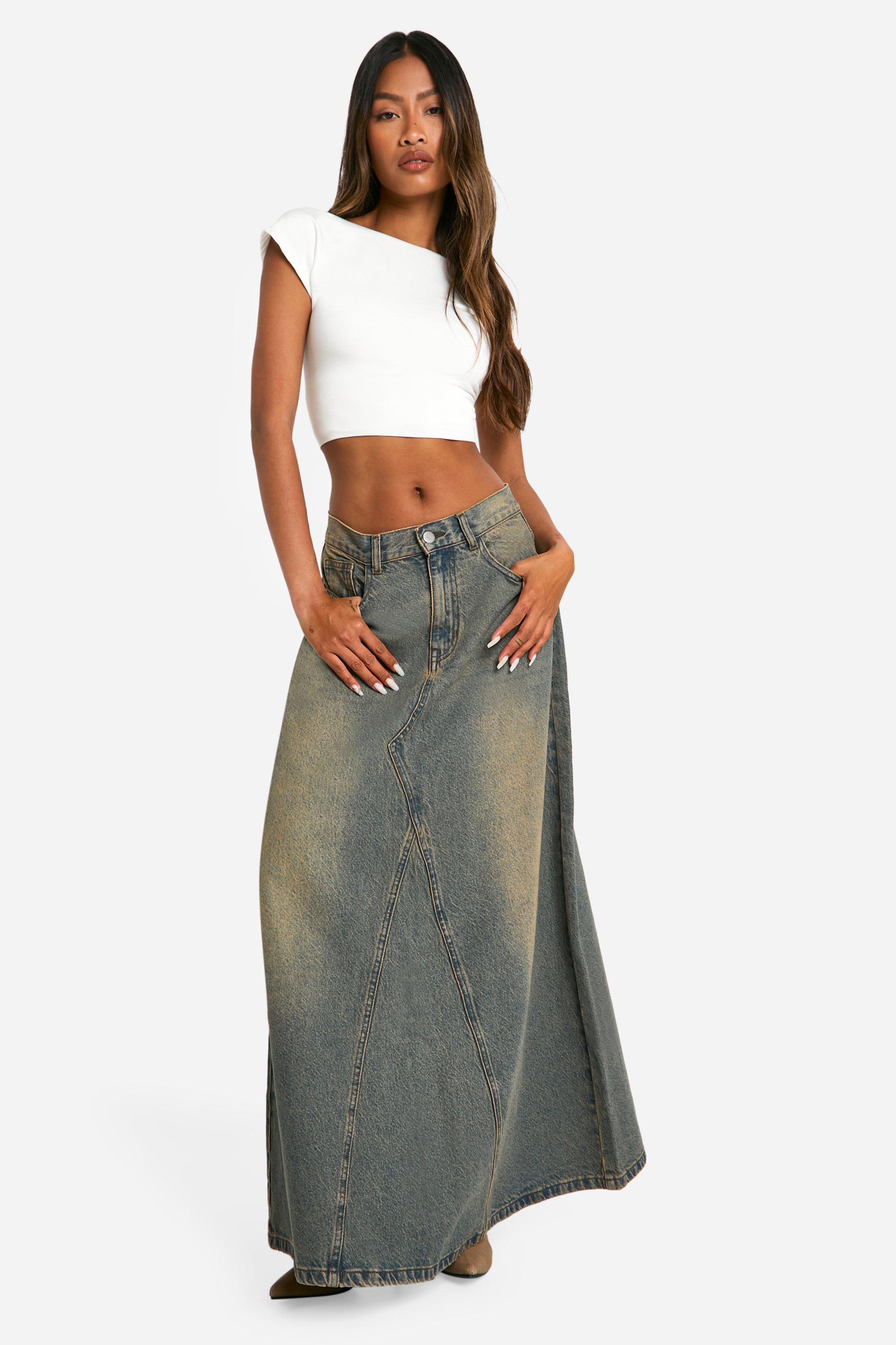 Womens Dirty Wash A Line Denim Maxi Skirt - Blue - 14, Blue