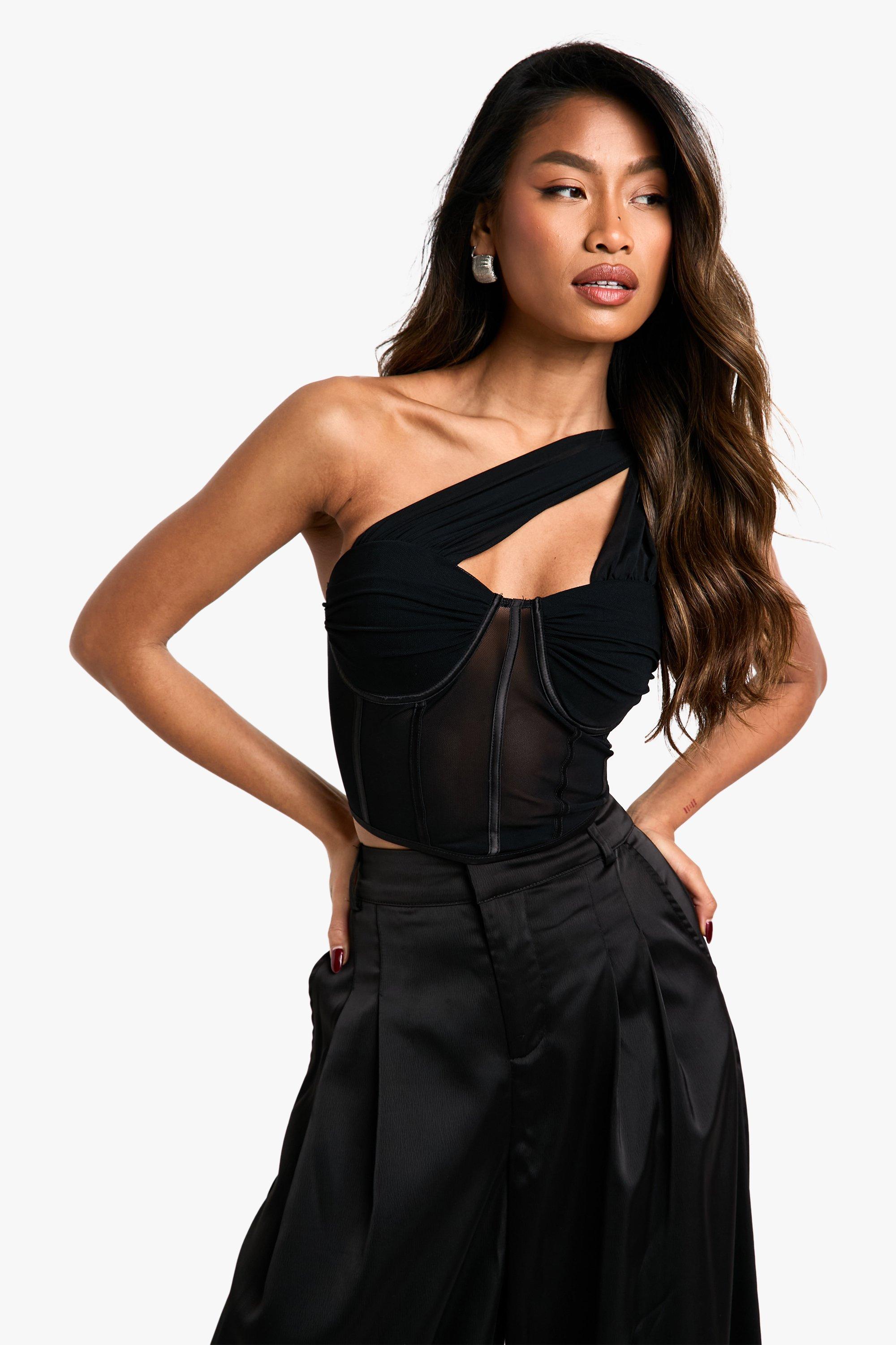 Womens One Shoulder Mesh And Satin Mix Corset Top - Black - 12, Black