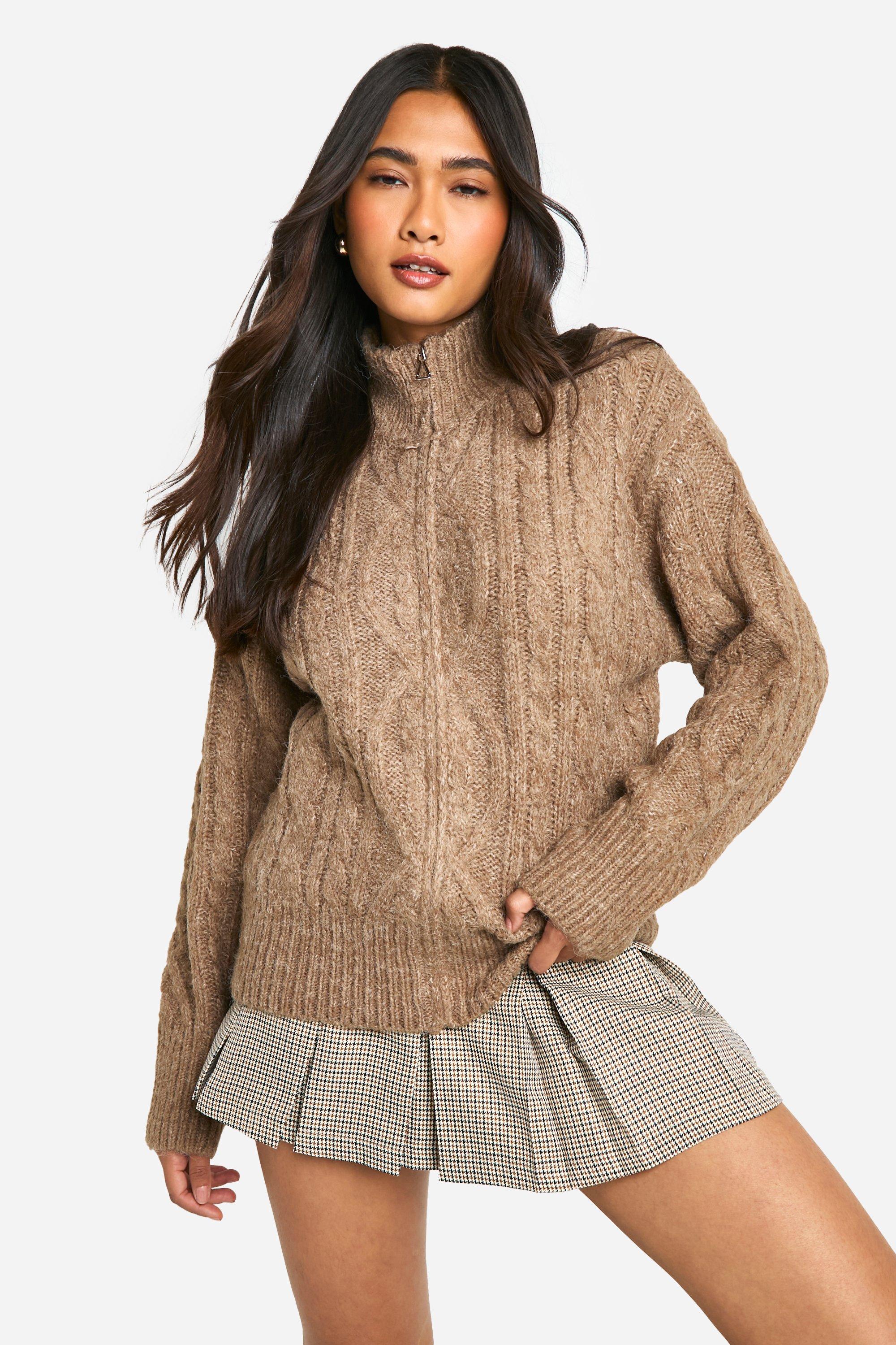 Boohoo Dikke Grof Gebreide Premium Cardigan Met Rits, Mocha