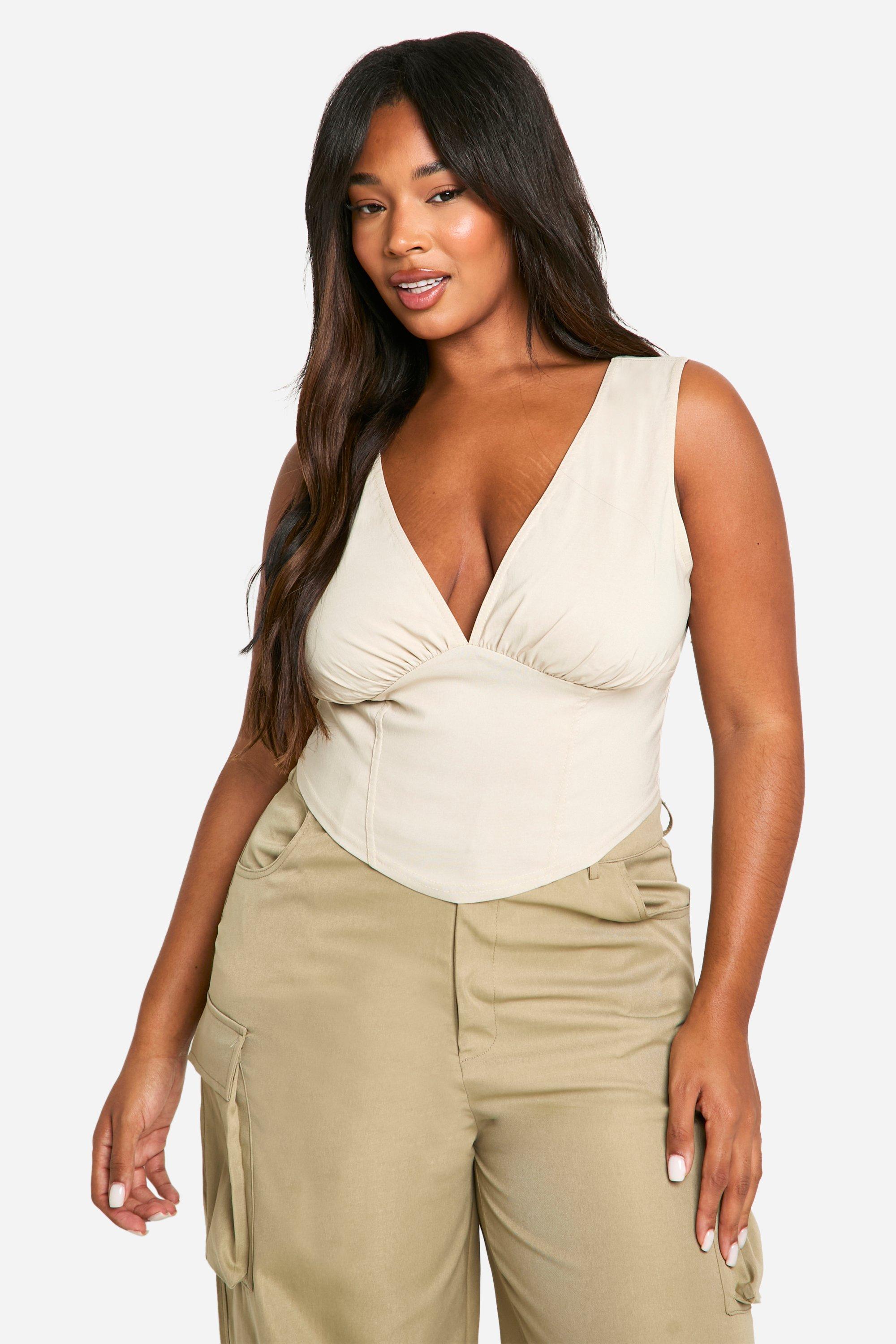 Womens Plus Woven Stretch Plunge Corset Top - Beige - 28, Beige