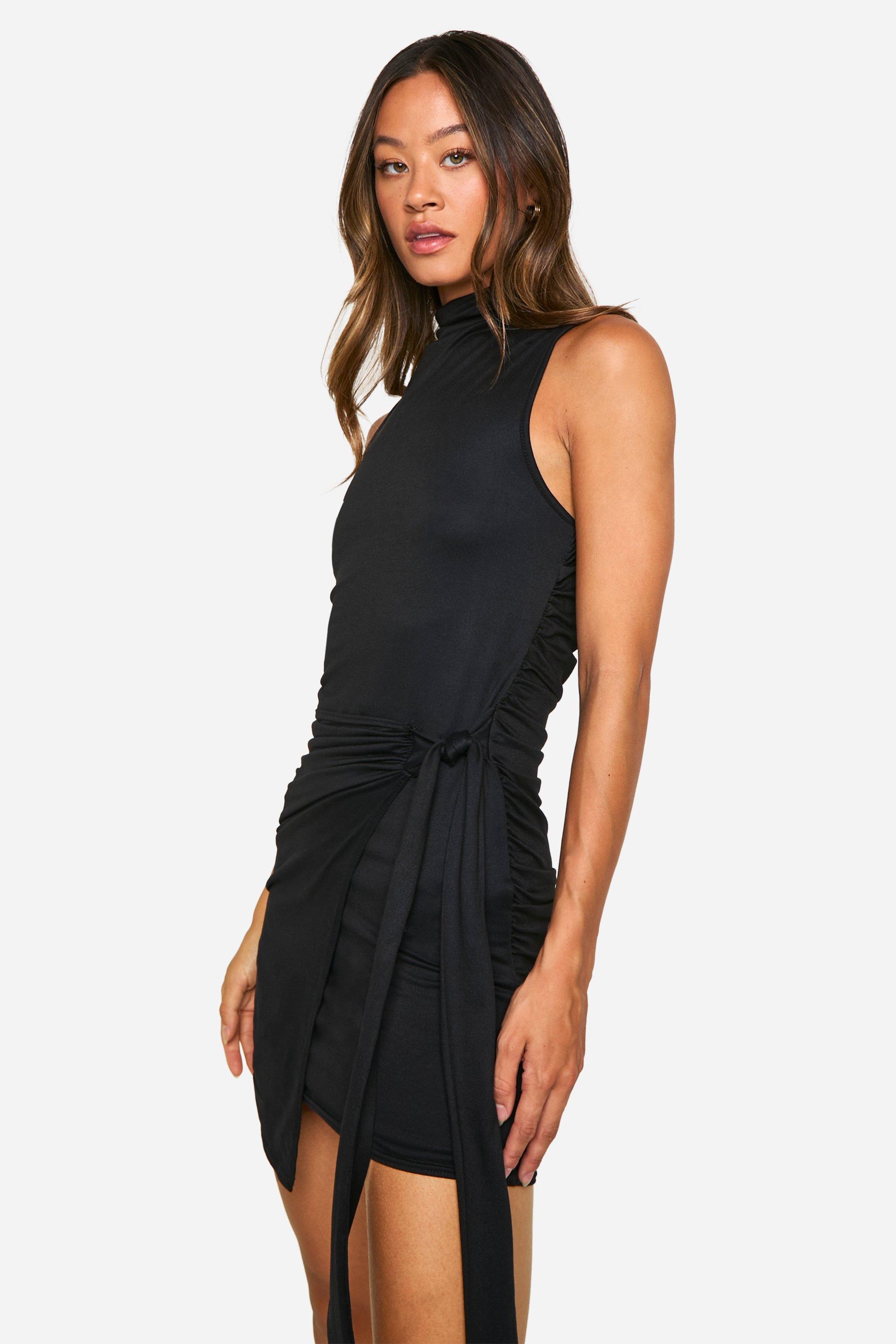 Womens Tall High Neck Sleeveless Wrap Mini Dress - Black - 16, Black