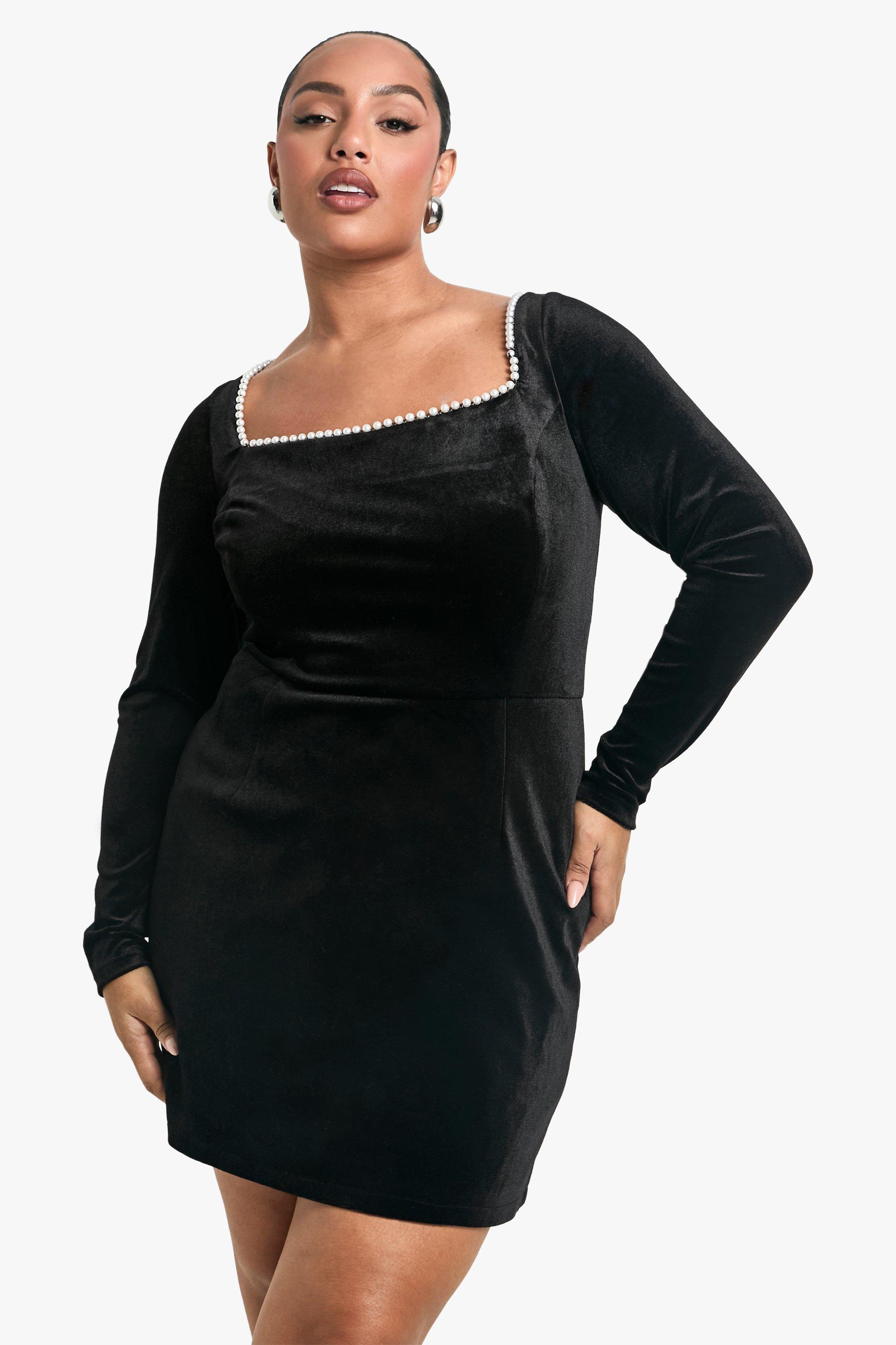 Image of Vestito Skater Plus Size con scollo quadrato e perle, Nero