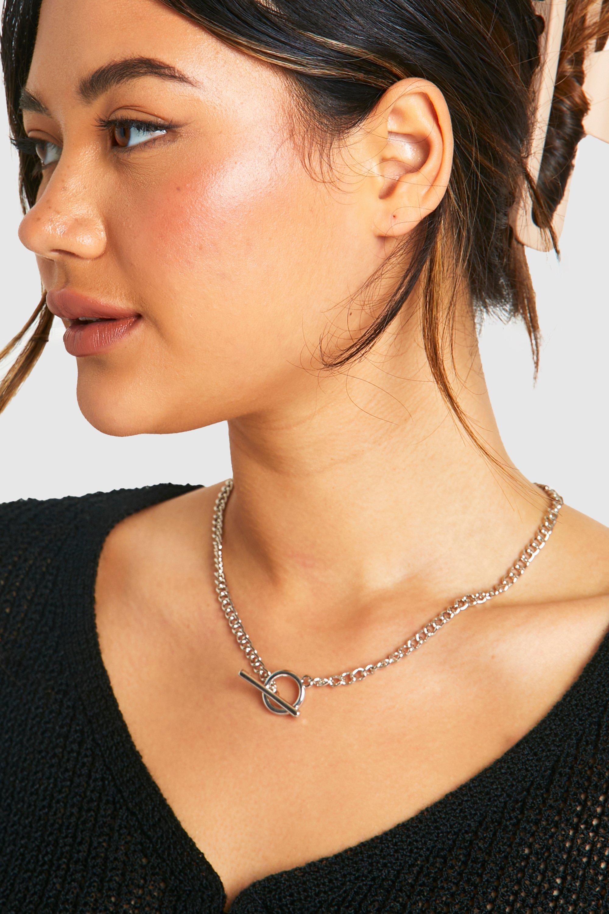 Womens Silver Chain Link T-Bar Necklace - Grey - One Size, Grey