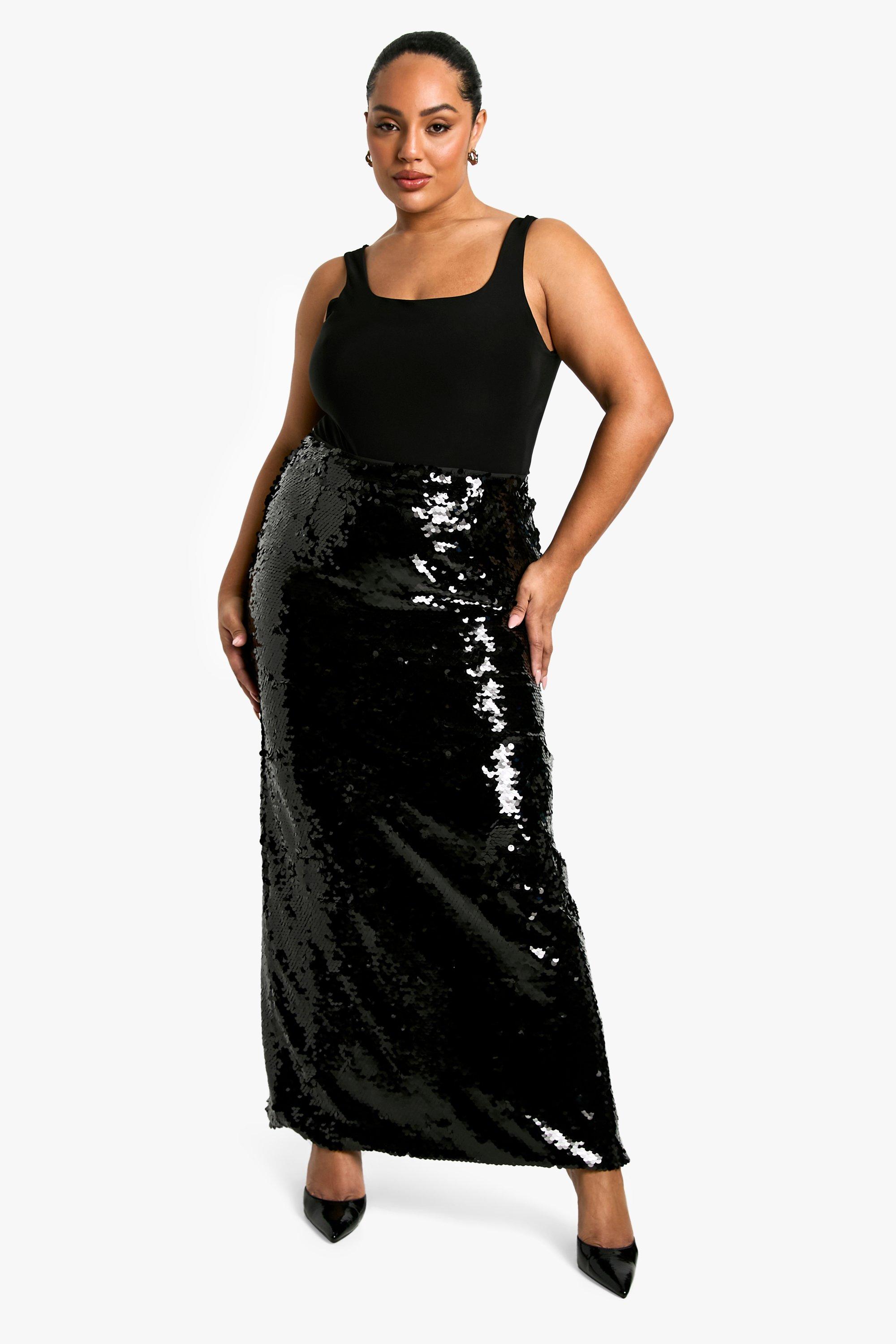 Boohoo Plus Premium Glitter Maxi Rok Met Pailletten, Black