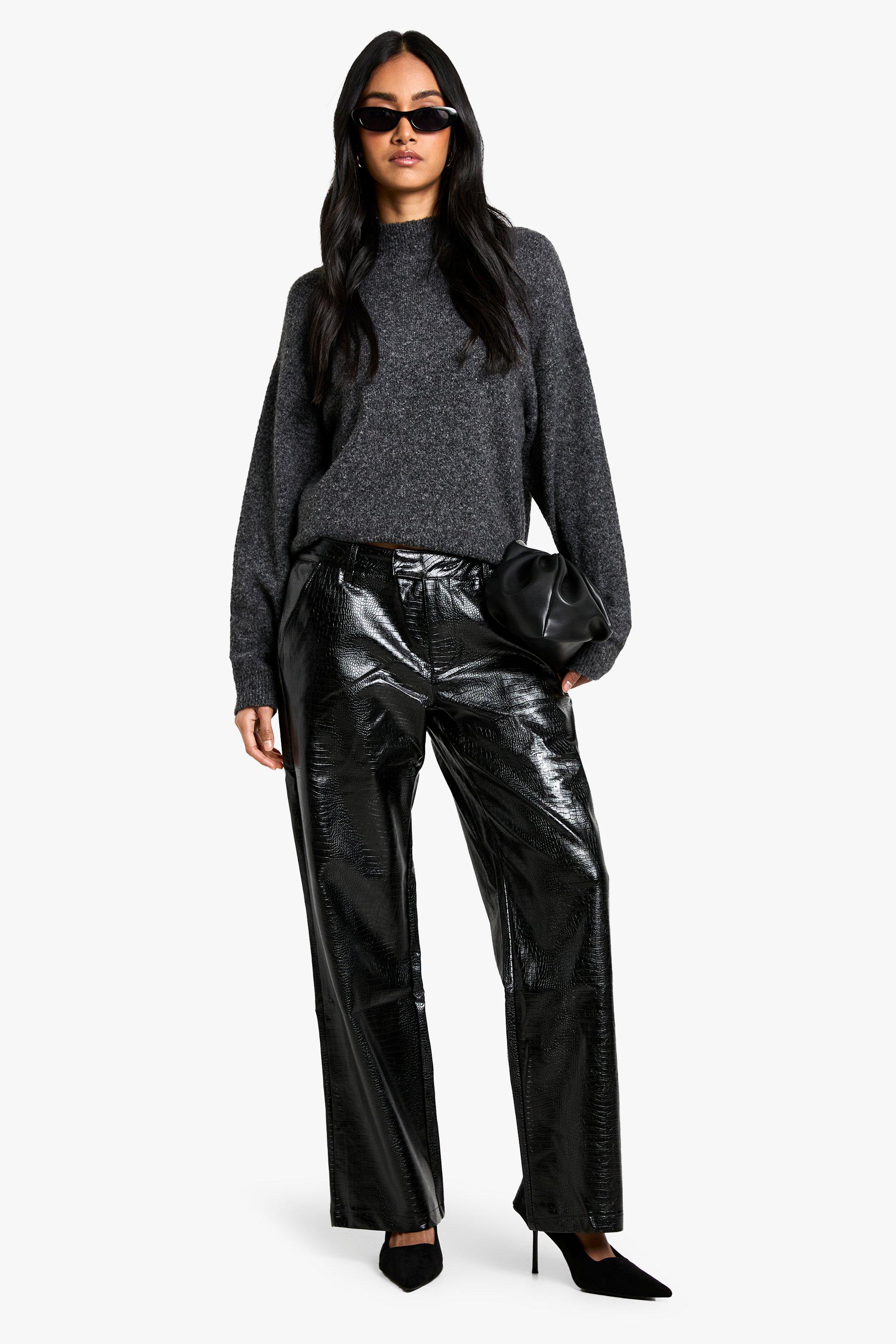 Image of Pantaloni dritti a vita bassa in PU effetto coccodrillo, Nero
