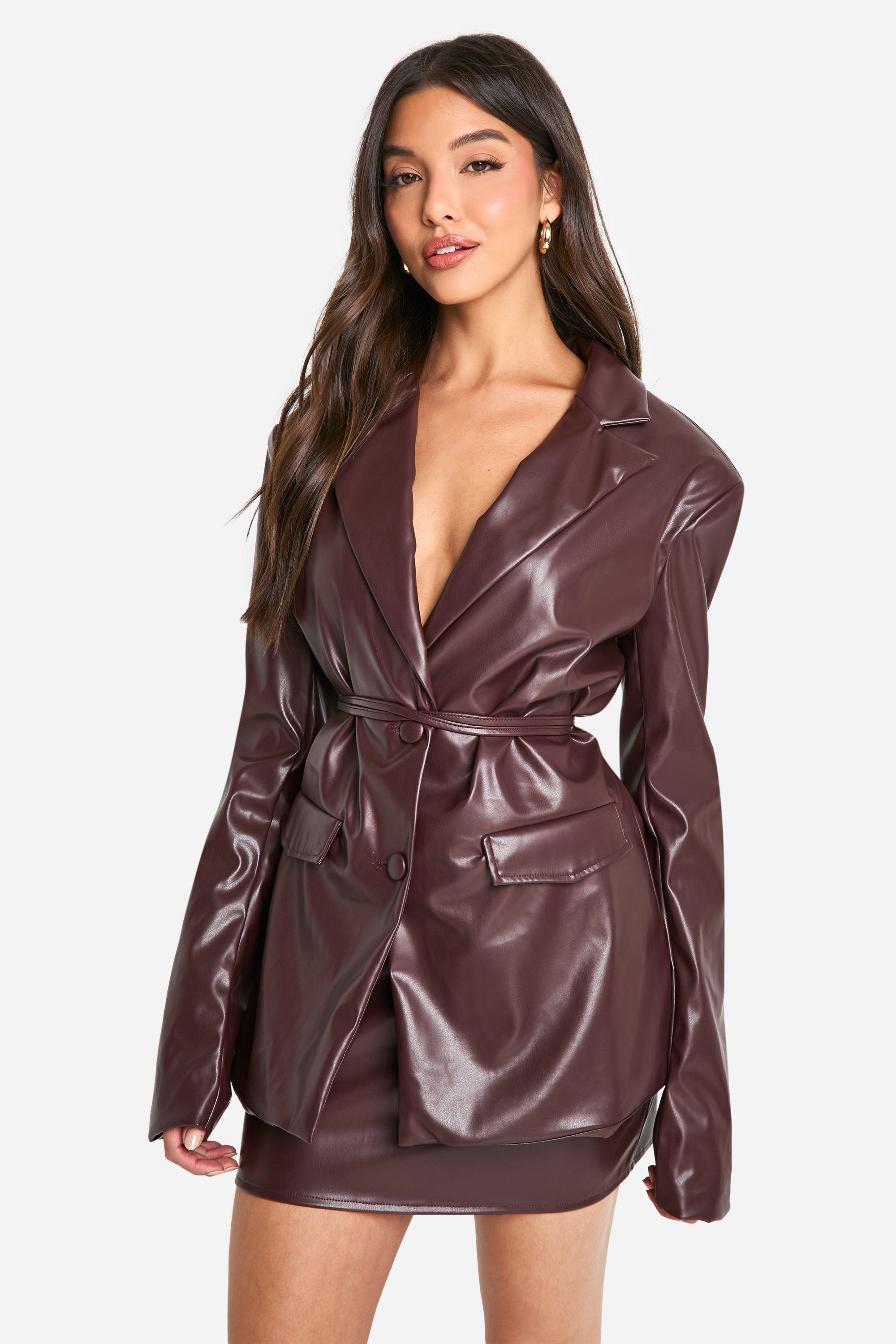 Boohoo Pu Blazer Met Ceintuur En Ceintuur, Chocolate