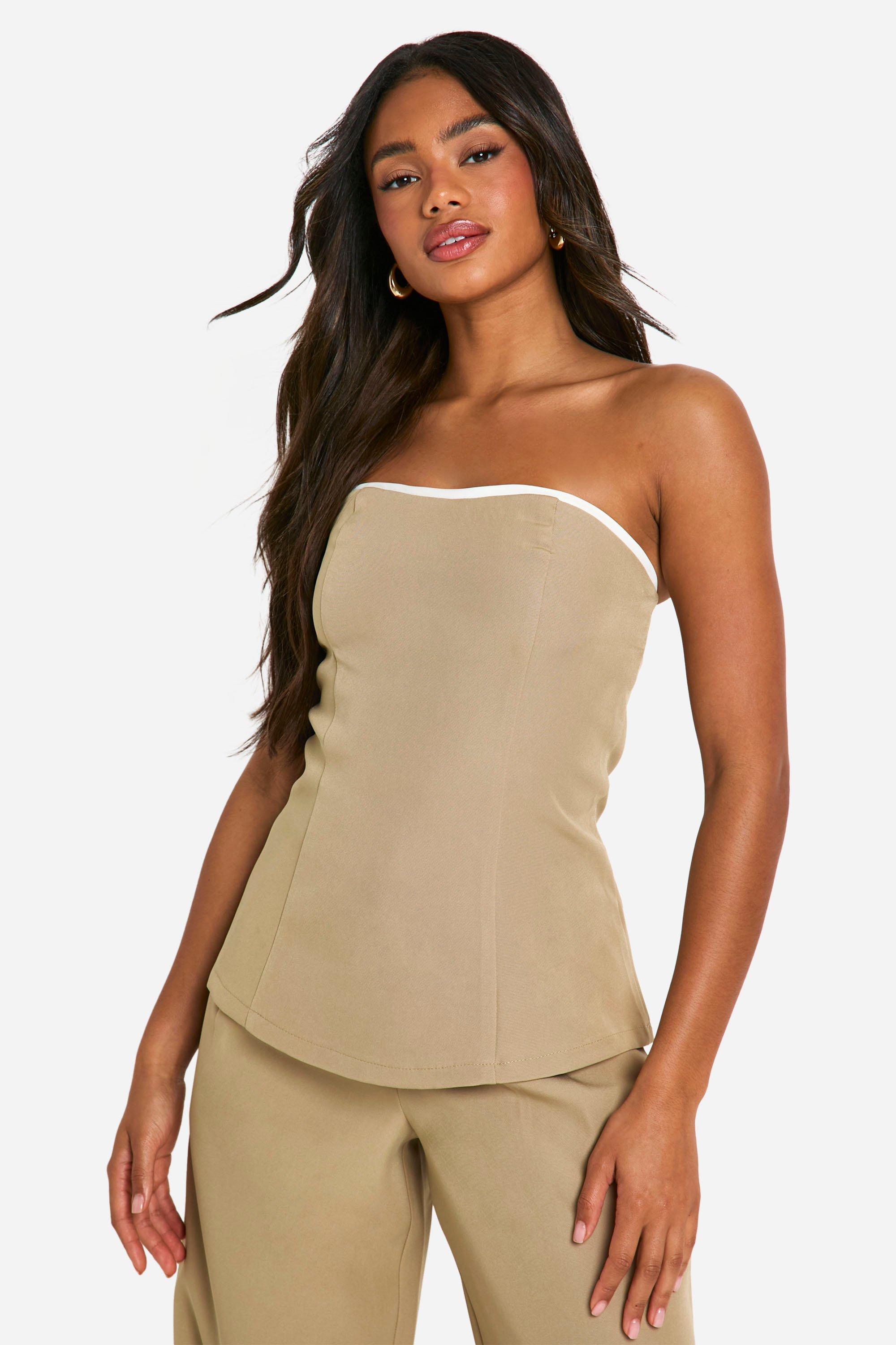 Boohoo Contrasterende Getailleerde Bandeau Top Met Naaddetail, Camel