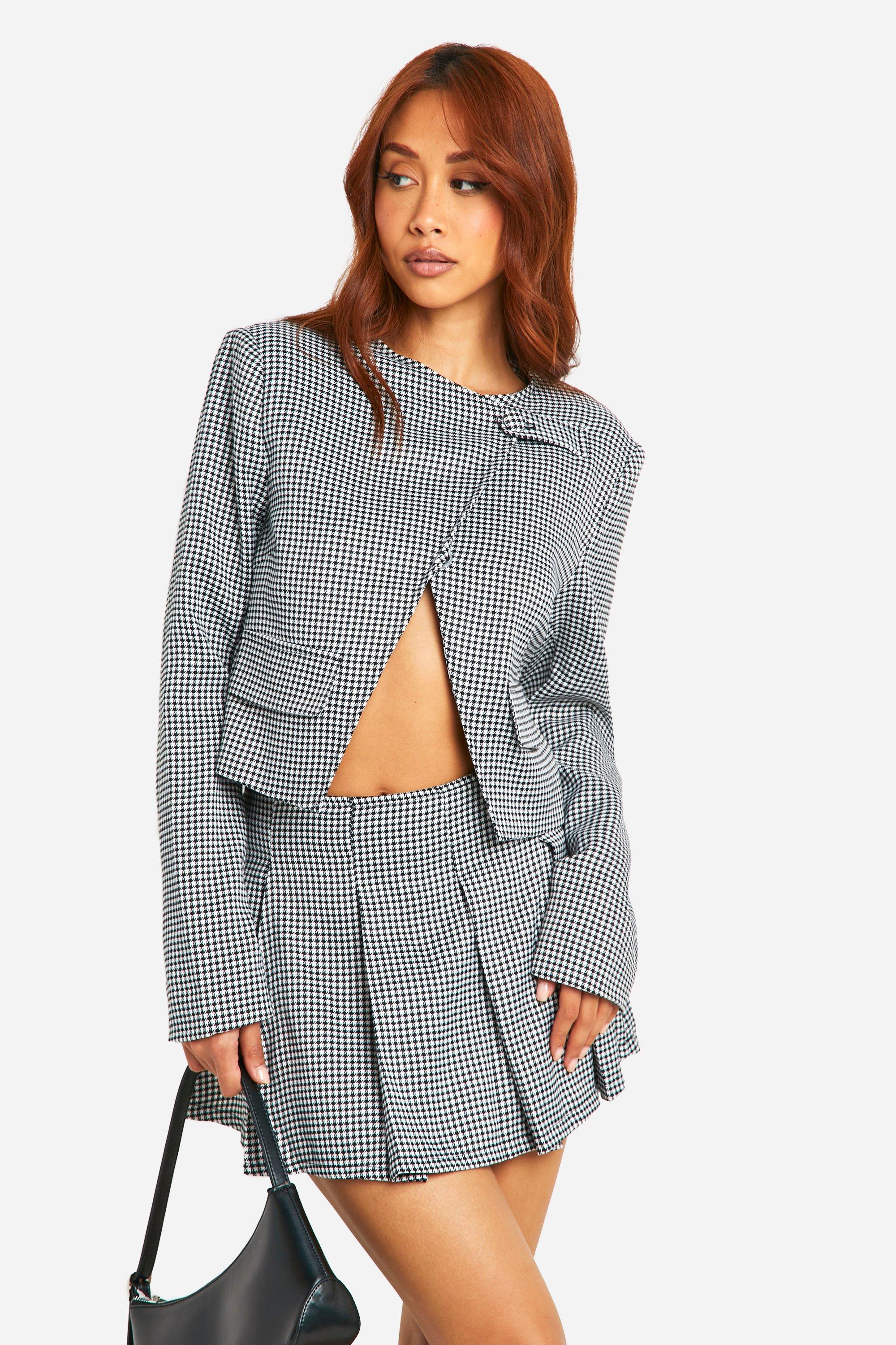 Boohoo Korte Asymmetrische Monochrome Dogtooth Blazer, Black