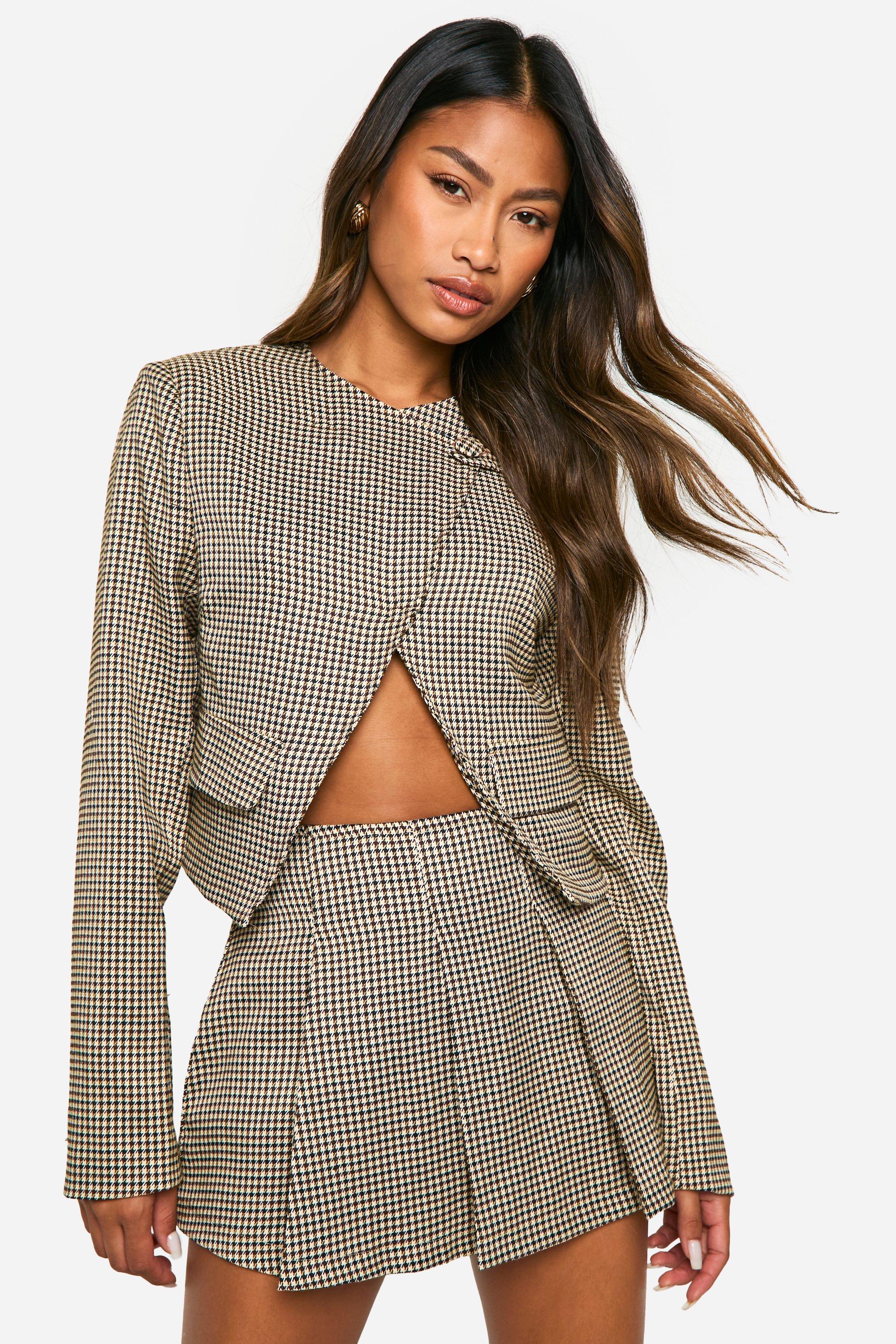 Boohoo Korte Asymmetrische Monochrome Dogtooth Blazer, Camel