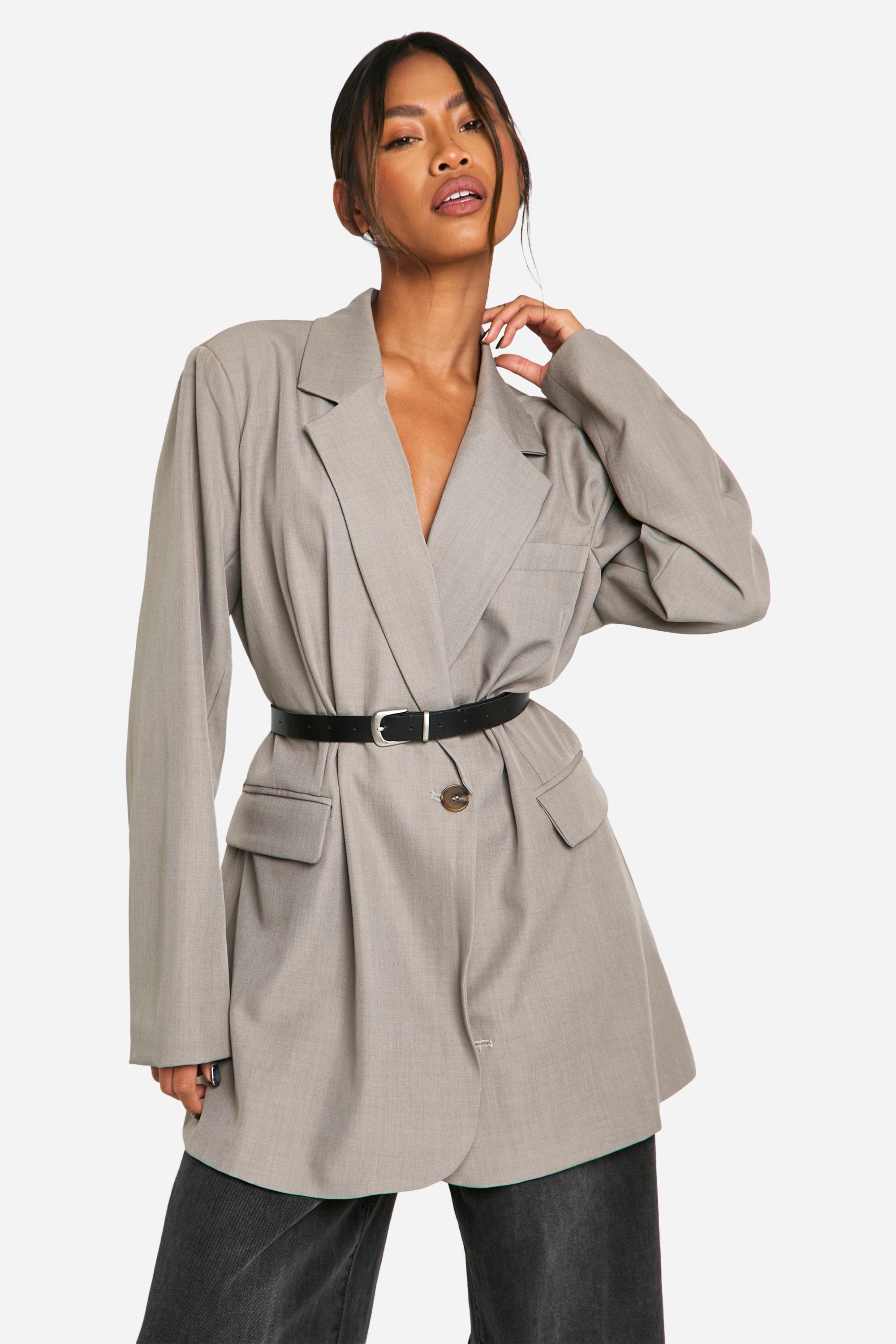 Boohoo Getailleerde Lange Mergel Blazer Met Ceintuur, Taupe