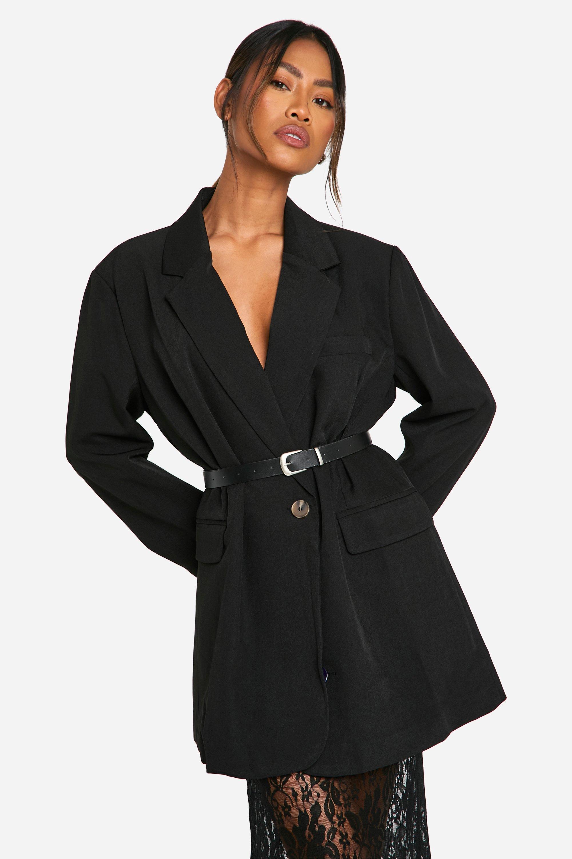 Boohoo Getailleerde Lange Mergel Blazer Met Ceintuur, Black